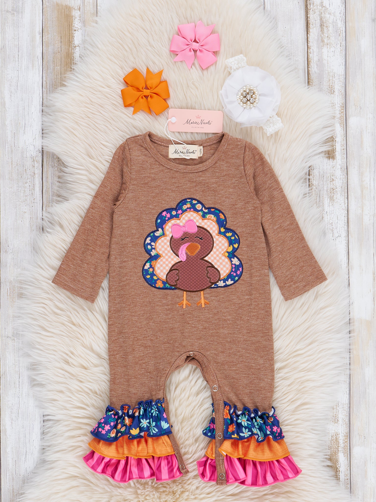 Tan & Pink Stripe Turkey Time Ruffle Romper - Marie Nicole Clothing
