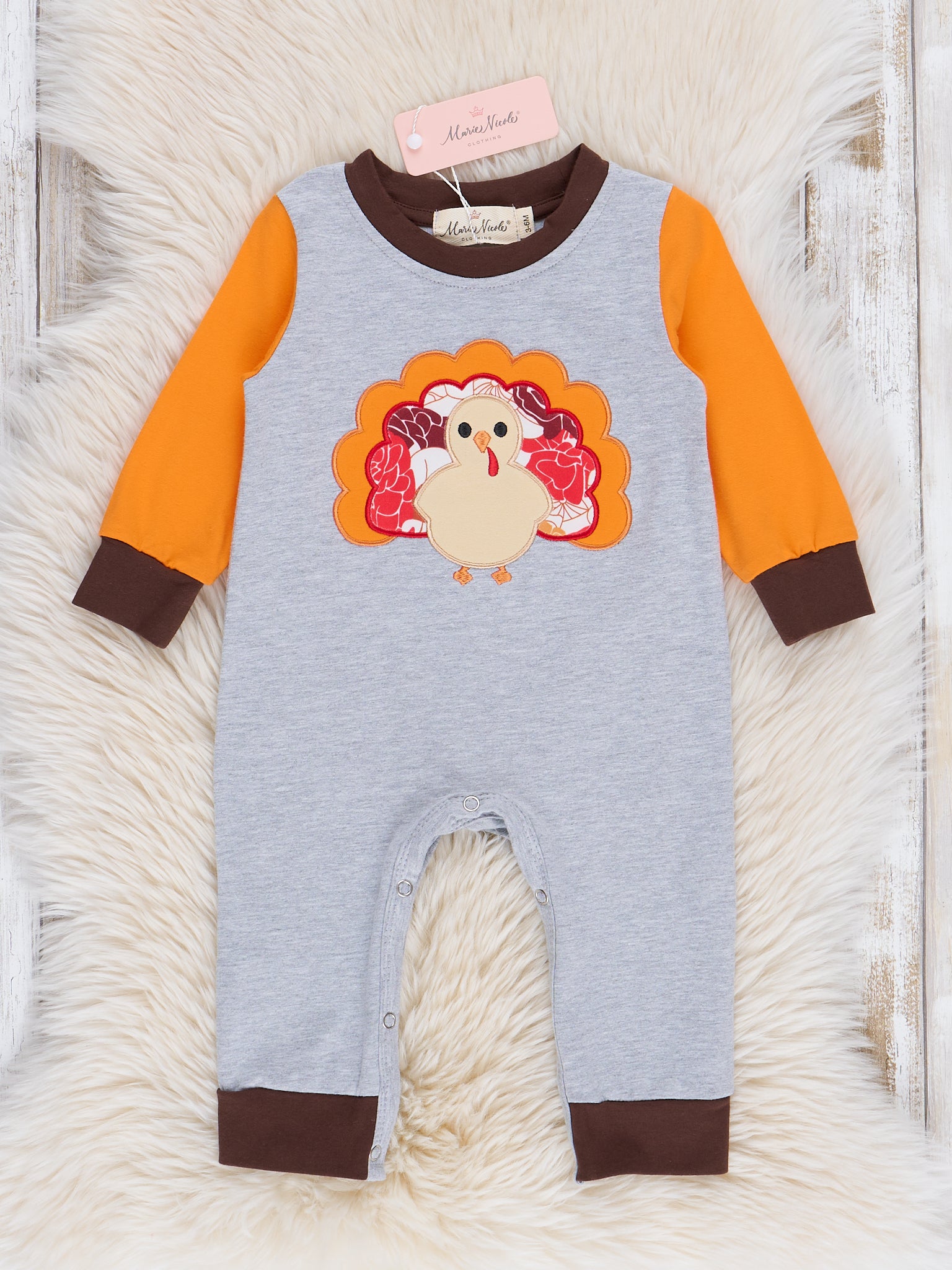 Orange & Grey Embroidered Turkey Romper - Marie Nicole Clothing