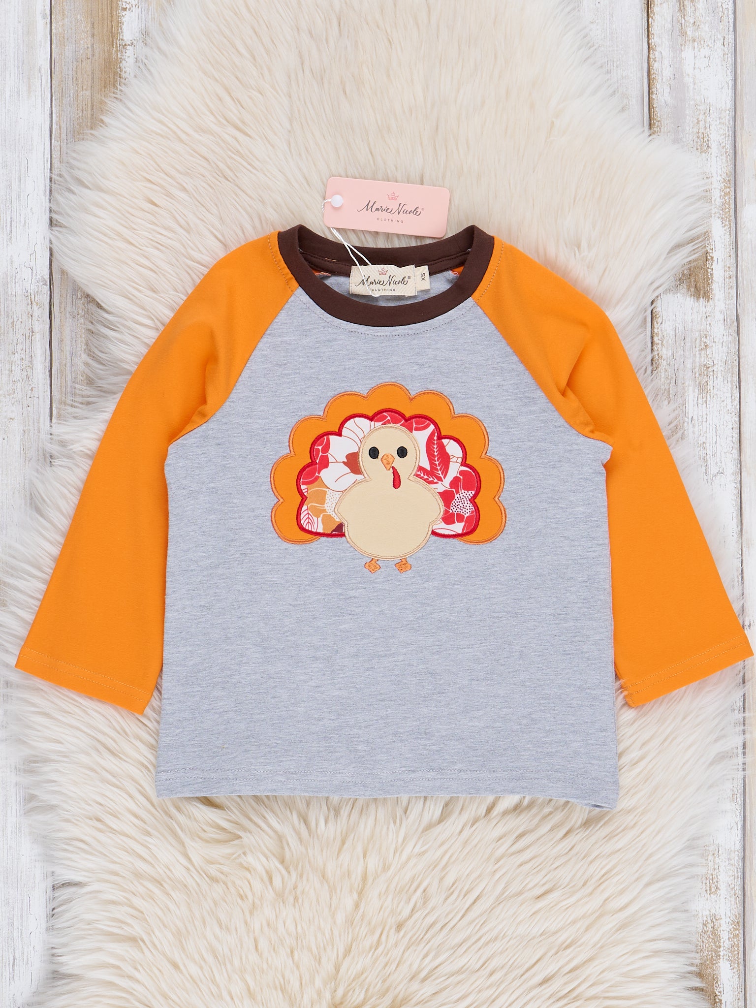 Orange & Grey Embroidered Turkey Shirt - Marie Nicole Clothing