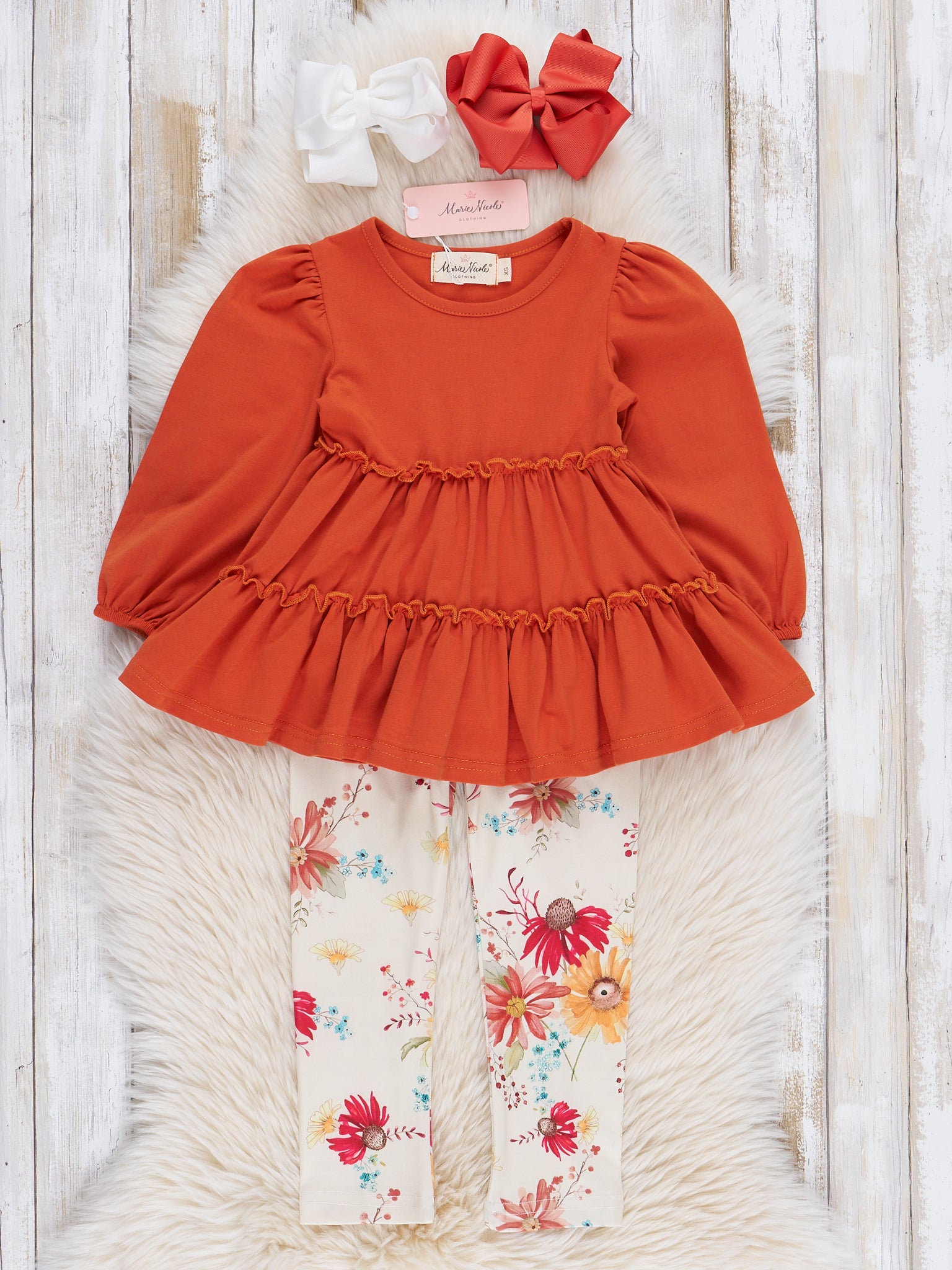 Rust Tiered Ruffle Floral Outfit - Marie Nicole Clothing