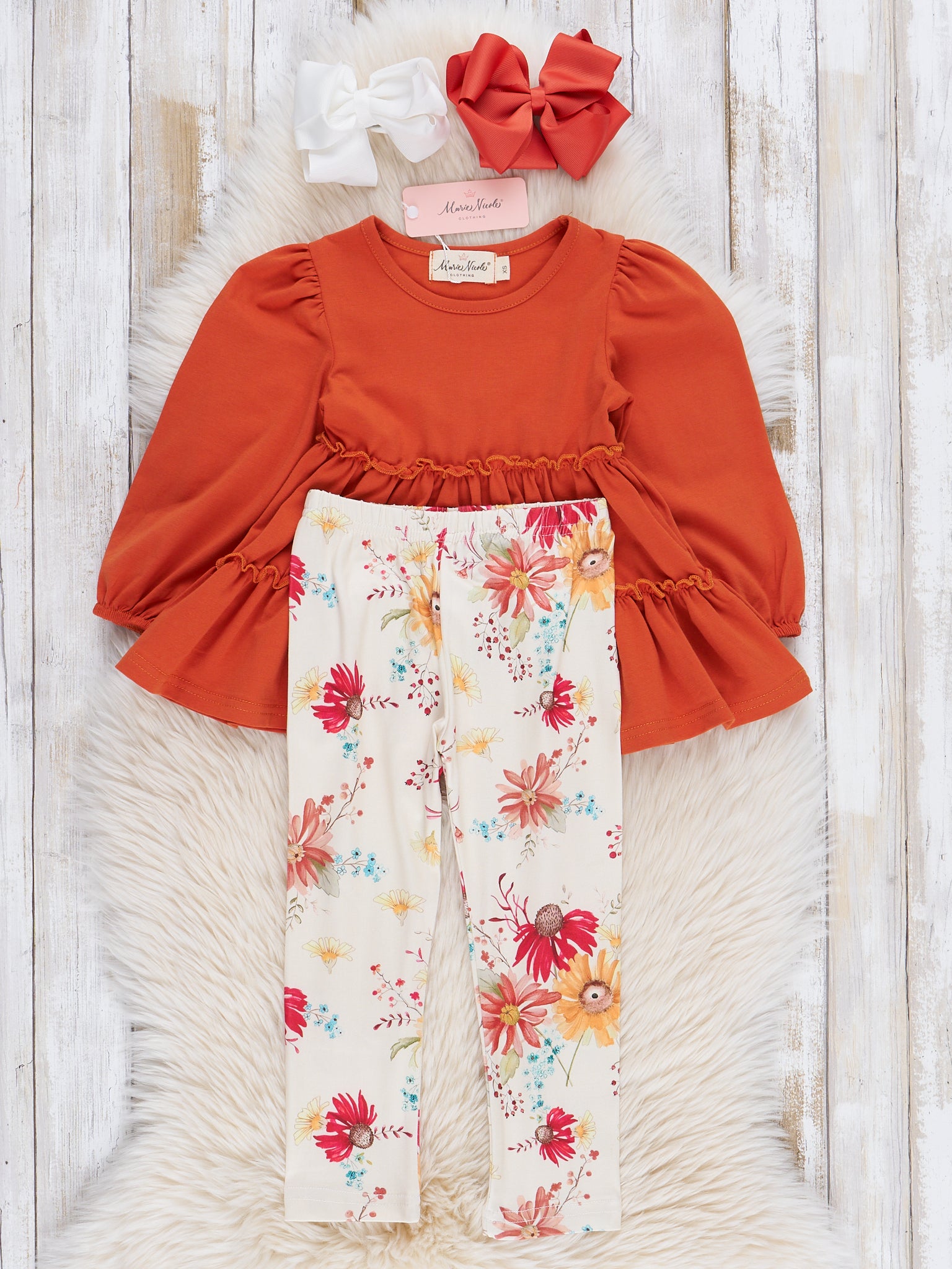 Rust Tiered Ruffle Floral Outfit - Marie Nicole Clothing