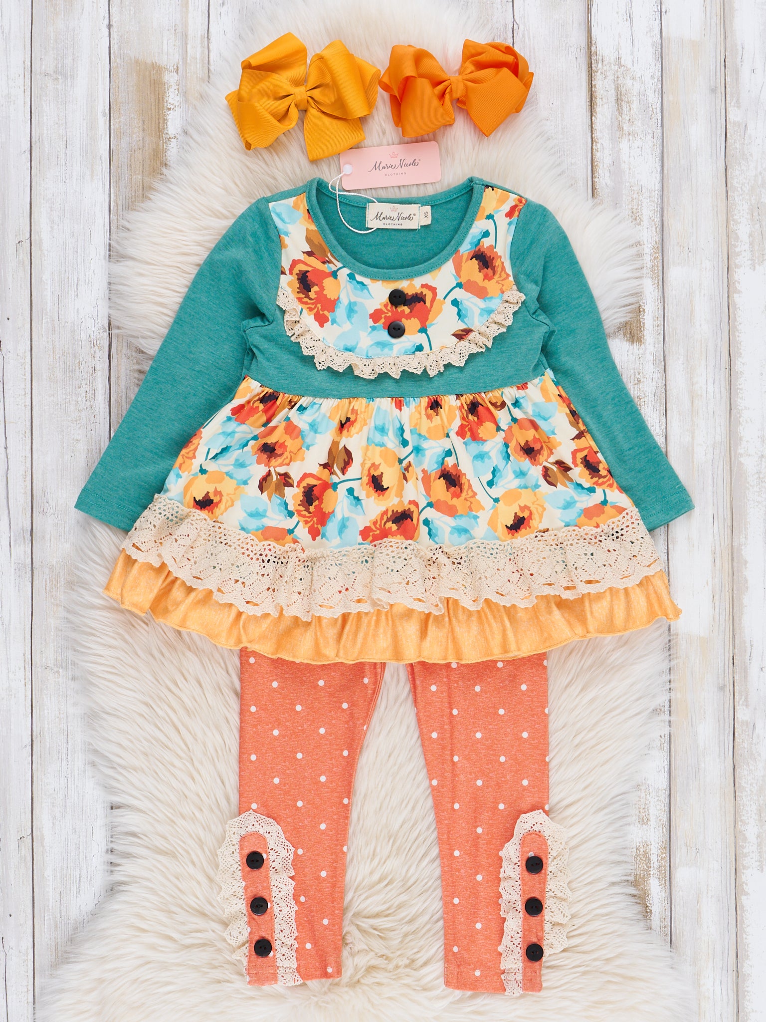 Orange & Teal Floral Ruffle Outfit - Marie Nicole Clothing