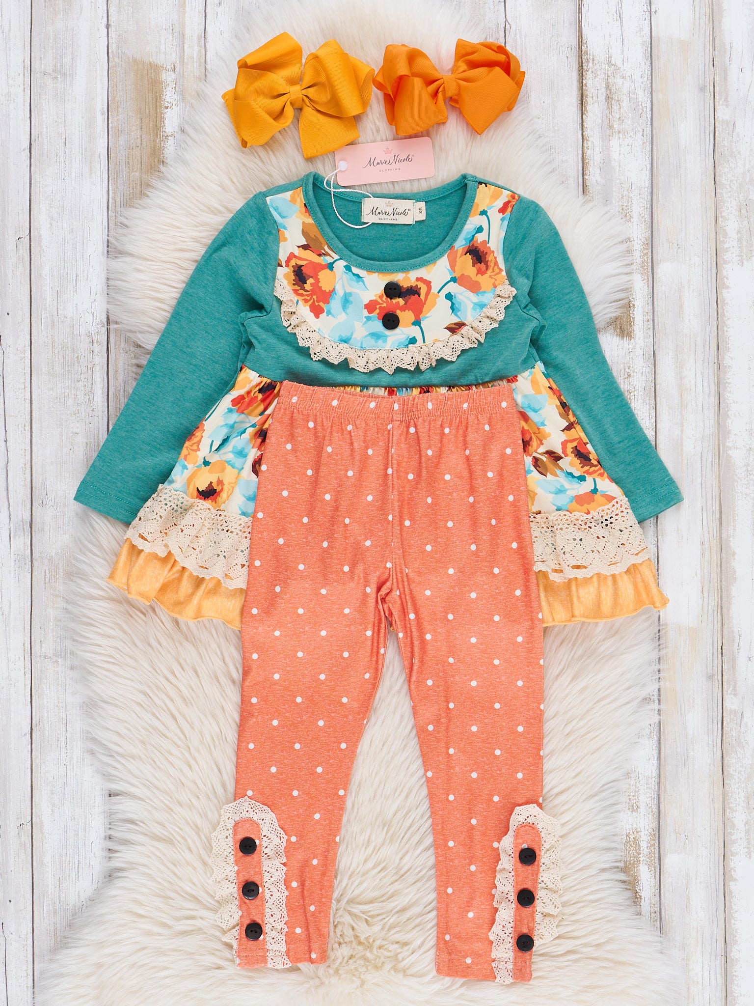 Orange & Teal Floral Ruffle Outfit - Marie Nicole Clothing