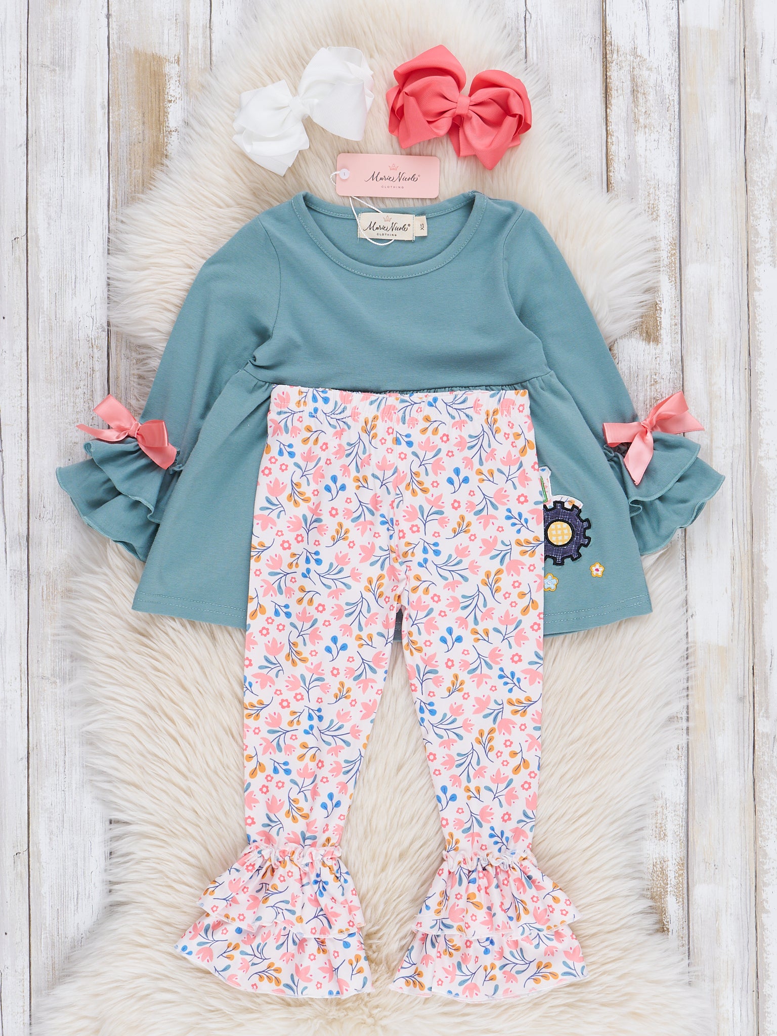 Soft Teal Floral Embroidered Tractor Outfit - Marie Nicole Clothing