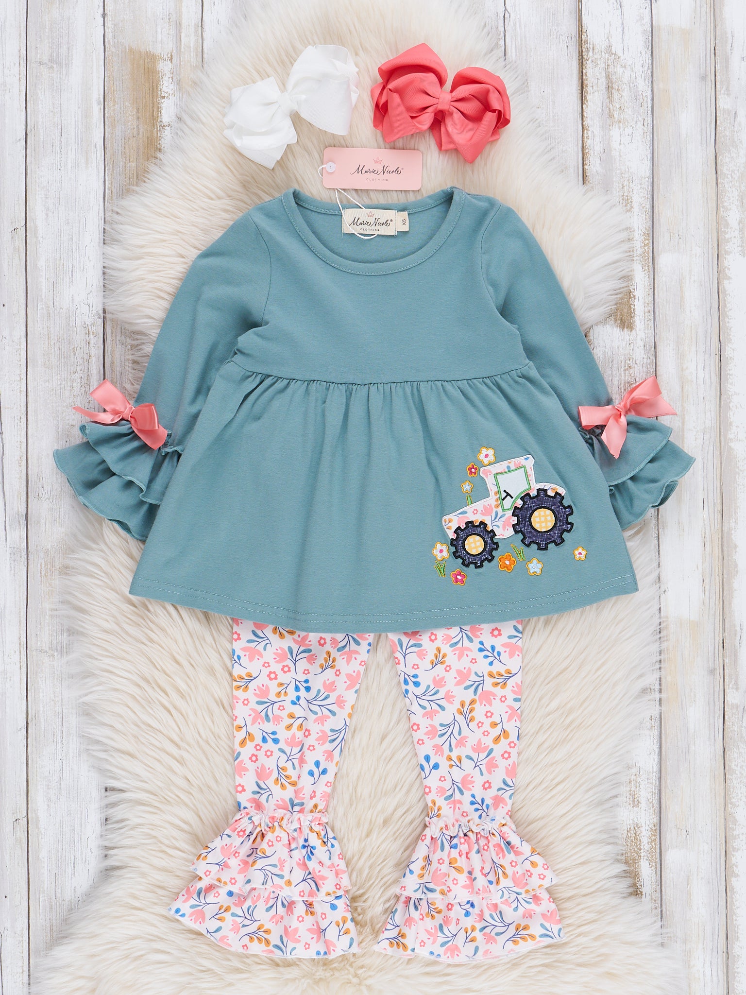 Soft Teal Floral Embroidered Tractor Outfit - Marie Nicole Clothing