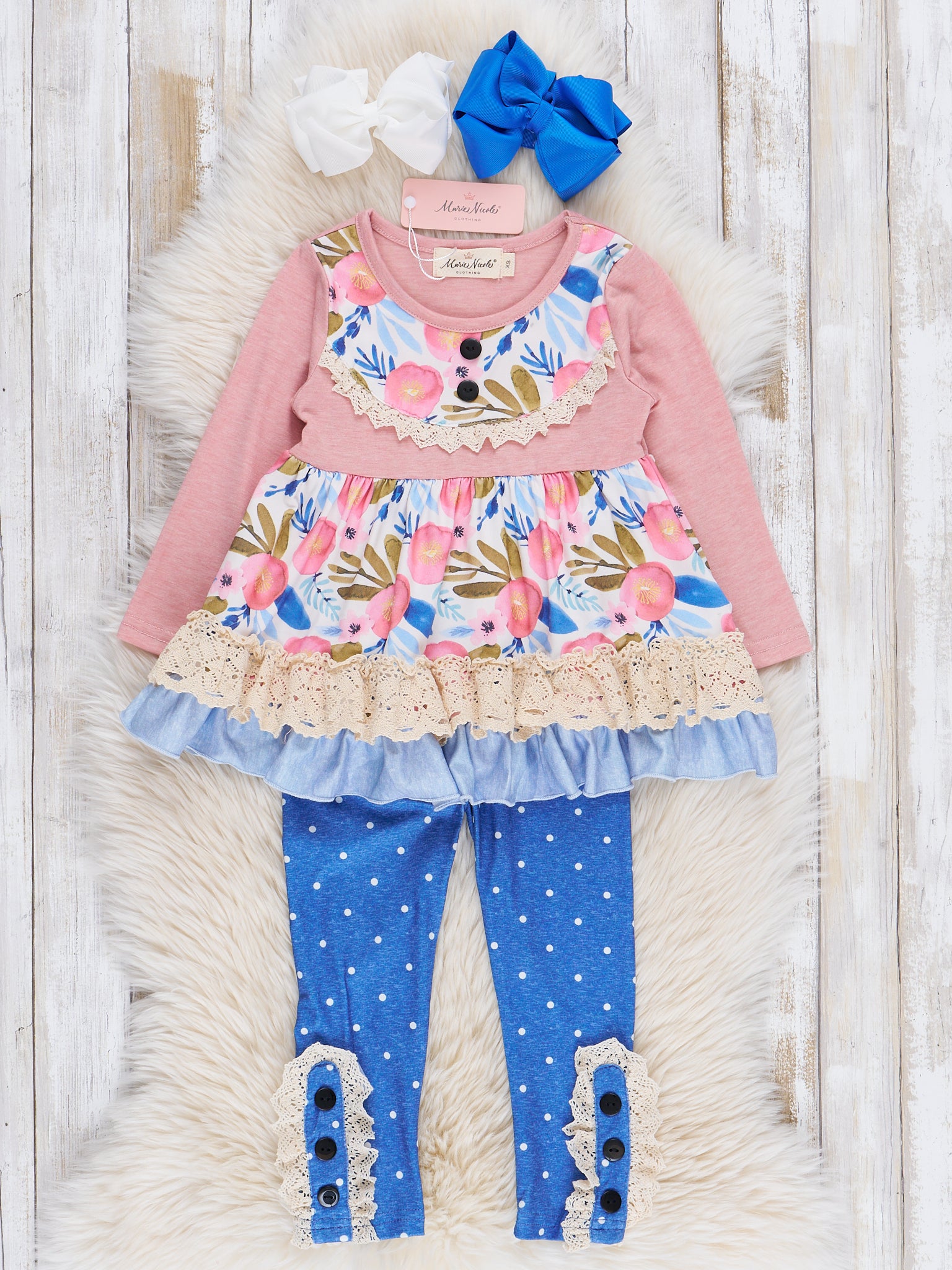 Blue Dots & Pink Florals Ruffle Outfit - Marie Nicole Clothing