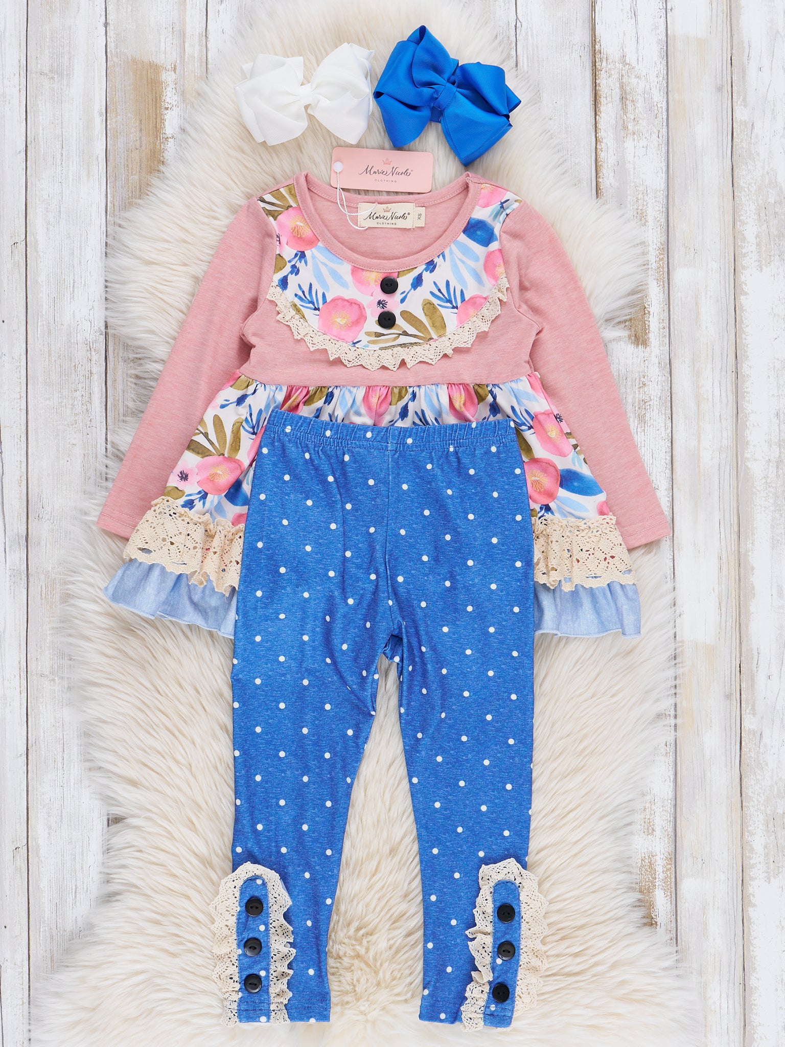 Blue Dots & Pink Florals Ruffle Outfit - Marie Nicole Clothing