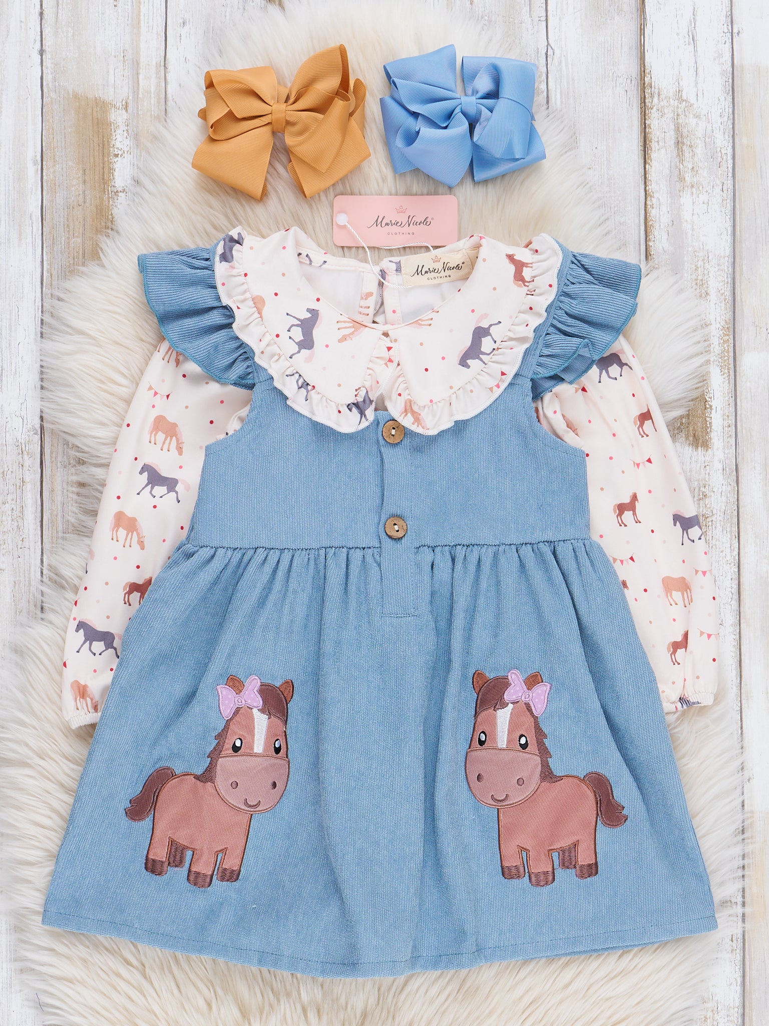 Corduroy Embroidered Little Pony Skirtall Set - Marie Nicole Clothing