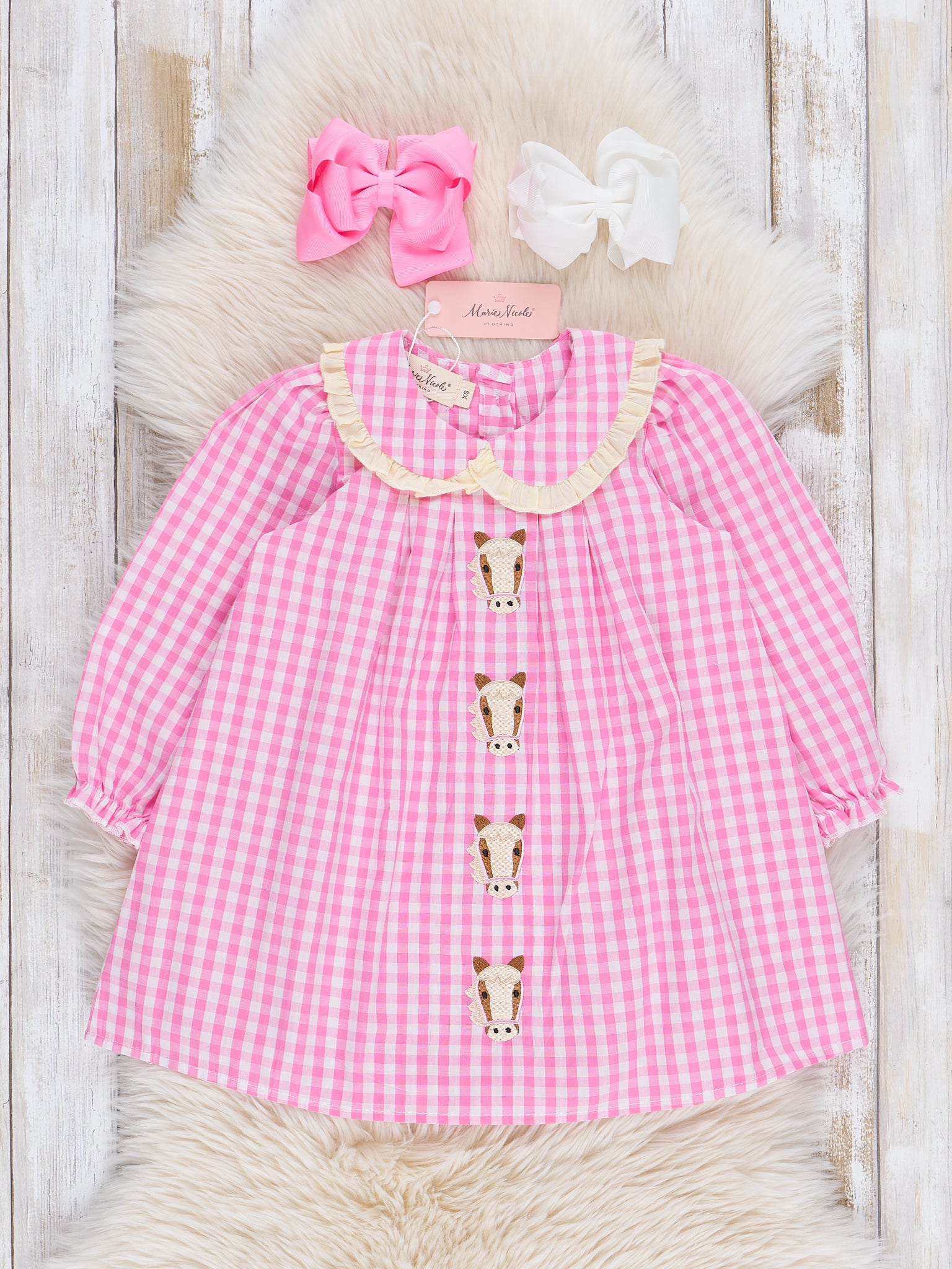 Pink Gingham Embroidered Horses Dress - Marie Nicole Clothing