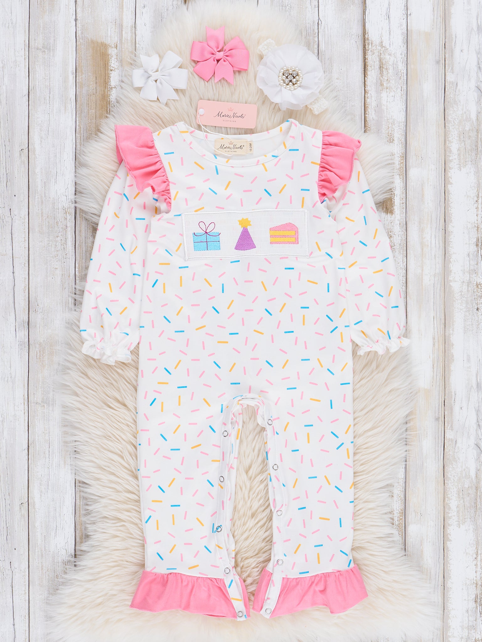 Birthday Sprinkes Smocked Ruffle Romper - Marie Nicole Clothing