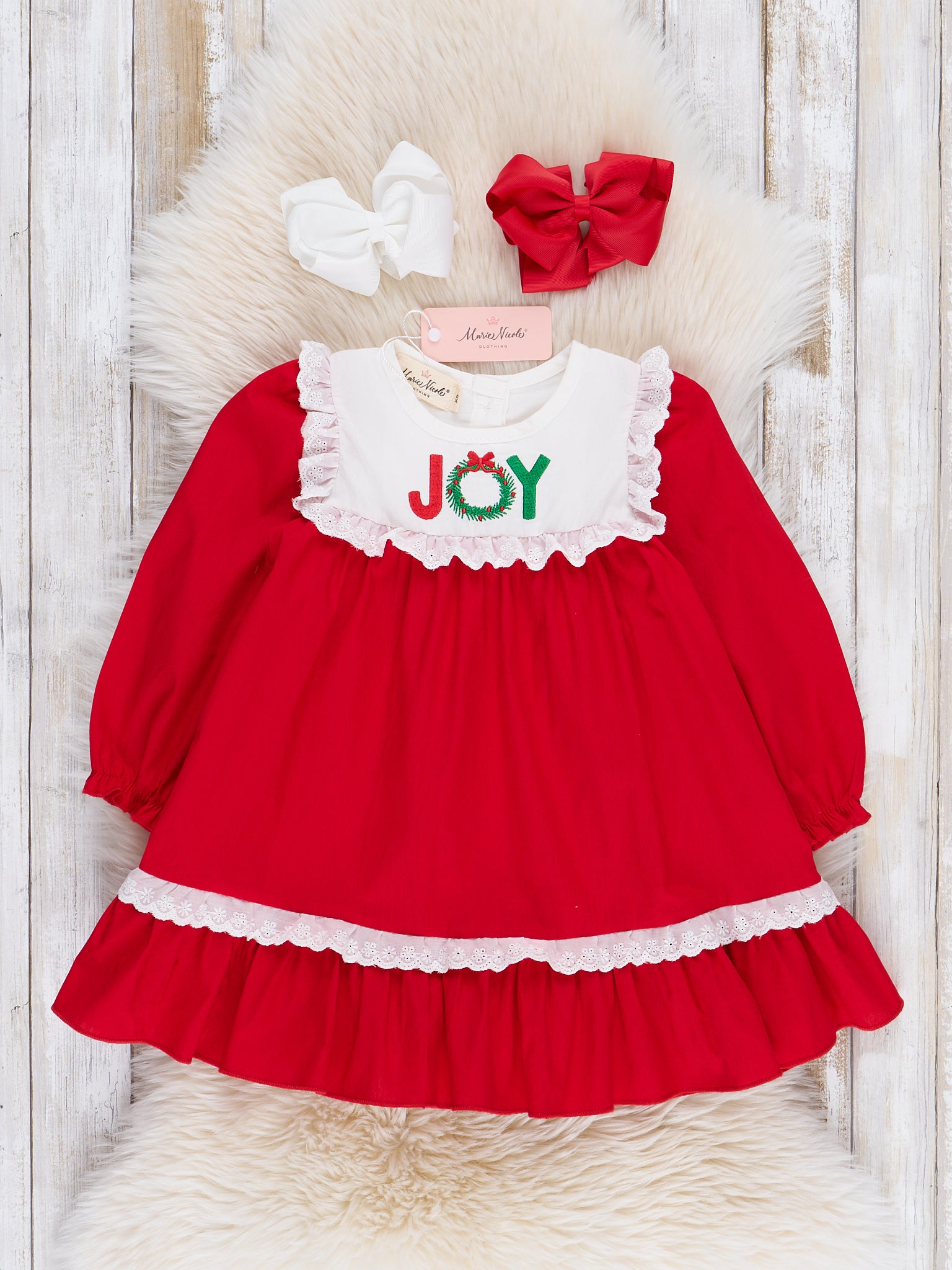 Red Embroidered "Joy" Ruffle Dress - Marie Nicole Clothing