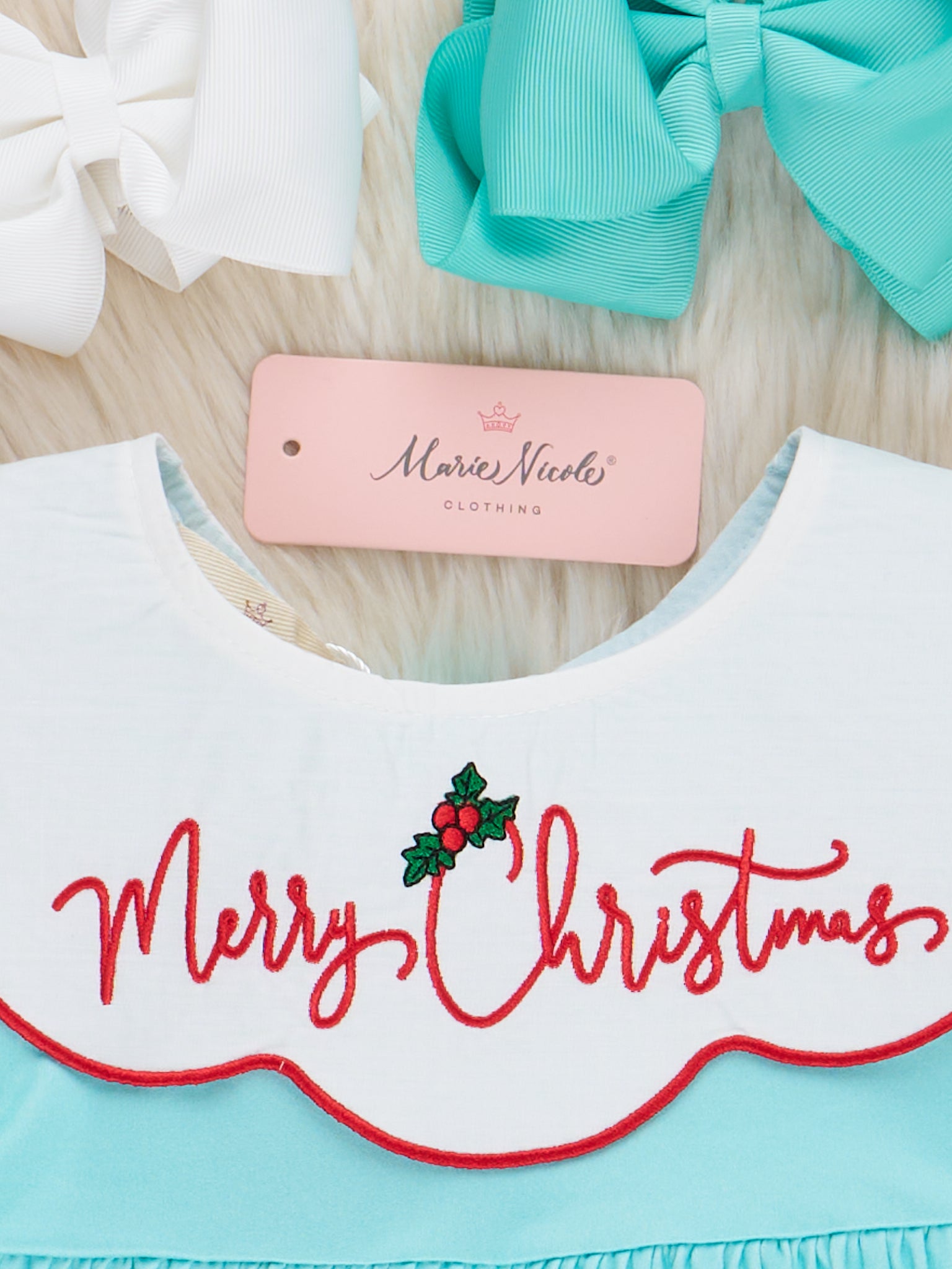 Teal & Red Gingham "Merry Christmas" Dress - Marie Nicole Clothing