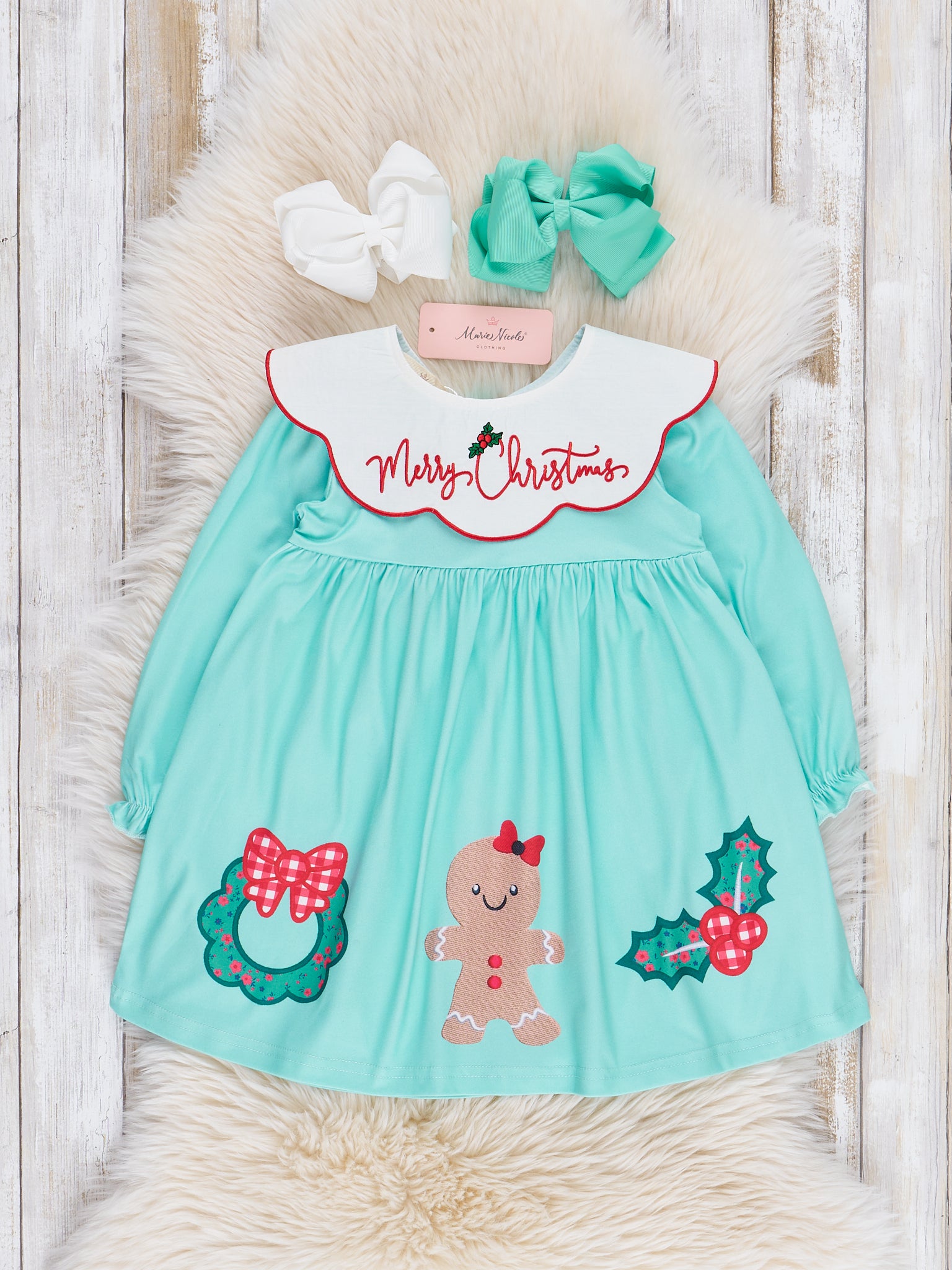 Teal & Red Gingham "Merry Christmas" Dress - Marie Nicole Clothing