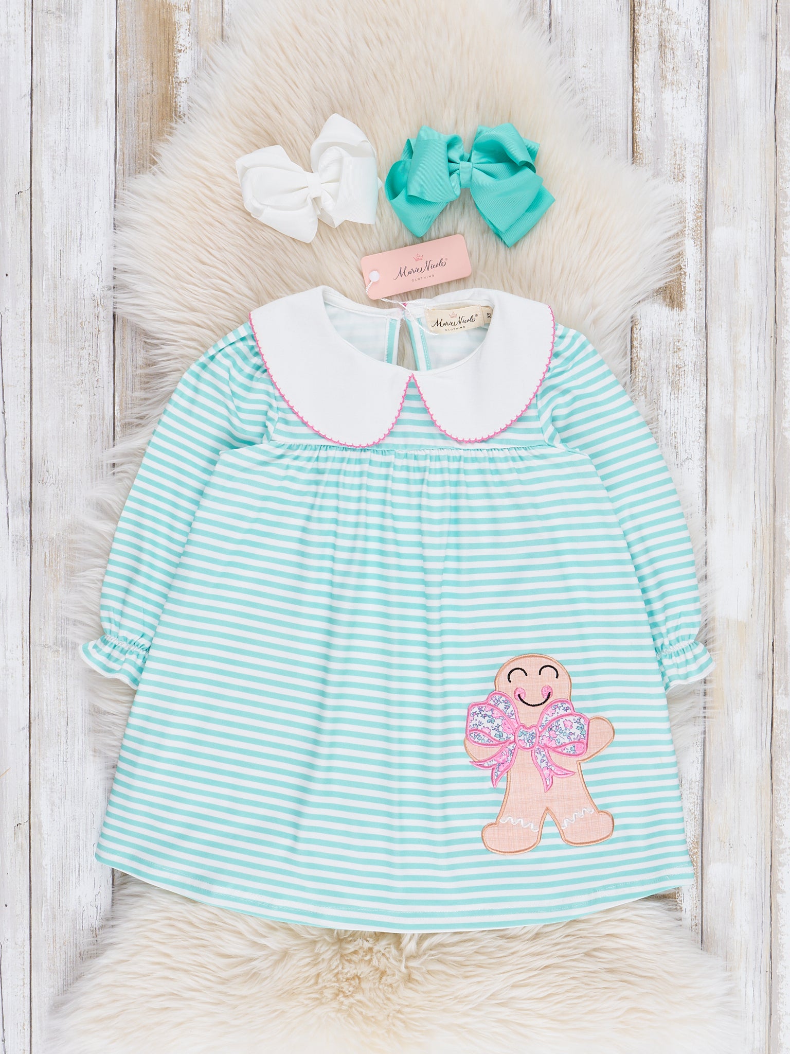 Mint Embroidered Gingerbread Striped Dress - Marie Nicole Clothing