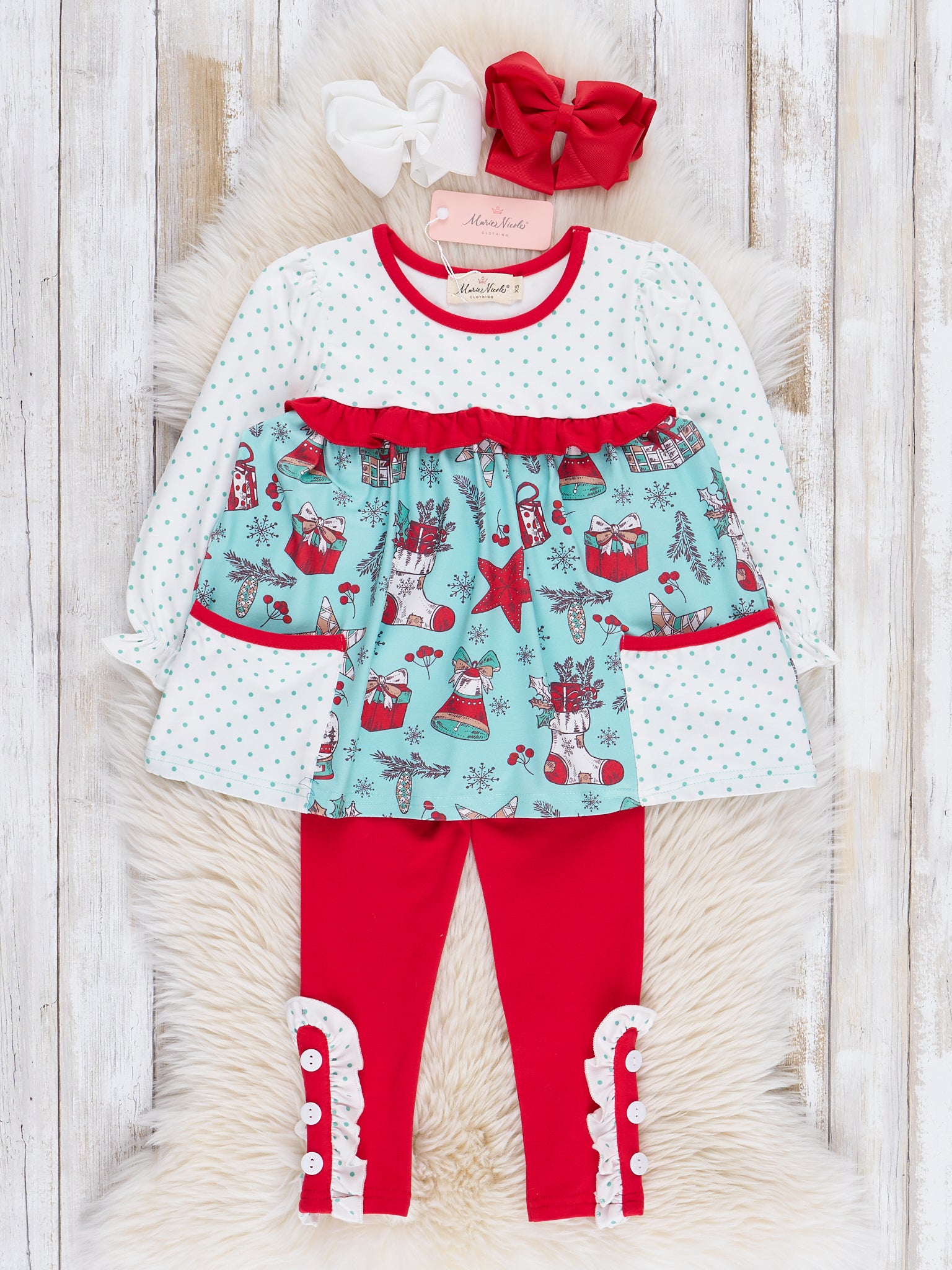 Teal & Red Holiday Joy Ruffle Outfit - Marie Nicole Clothing