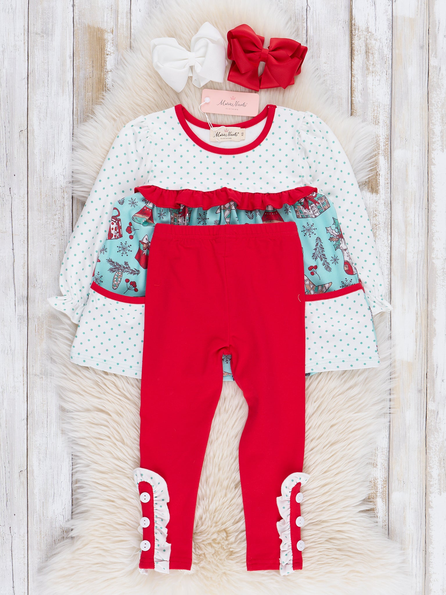 Teal & Red Holiday Joy Ruffle Outfit - Marie Nicole Clothing