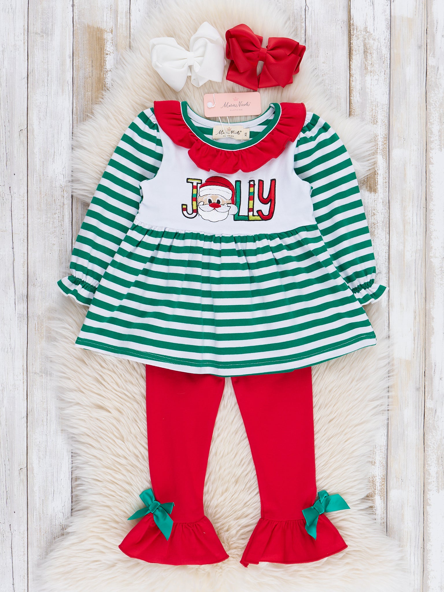 Green Stripe Jolly Santa Ruffle Outfit - Marie Nicole Clothing