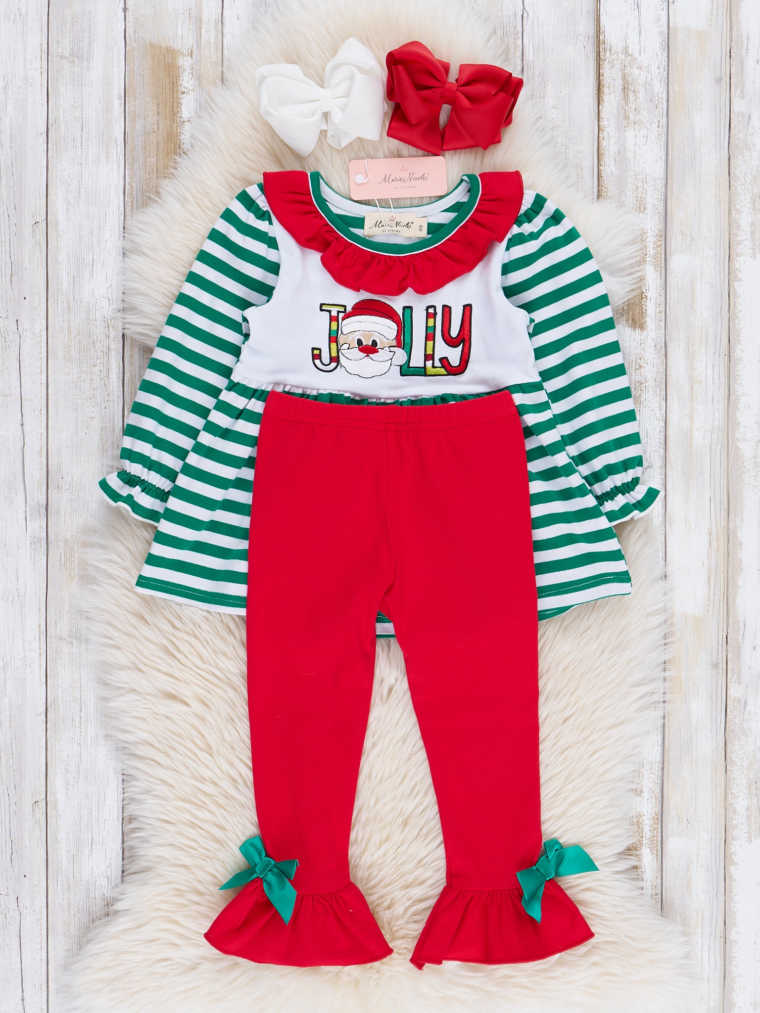 Green Stripe Jolly Santa Ruffle Outfit - Marie Nicole Clothing