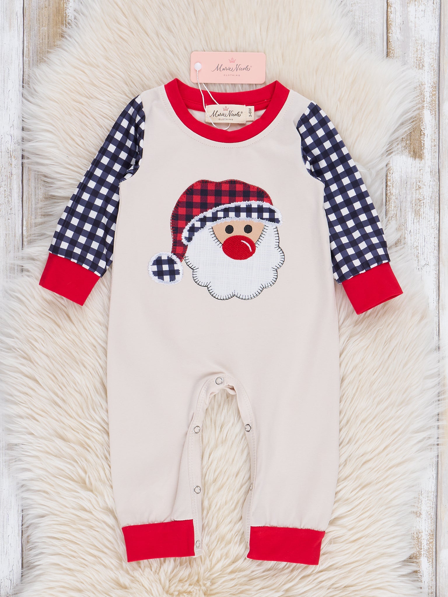 Tan & Black Gingham Santa Romper - Marie Nicole Clothing