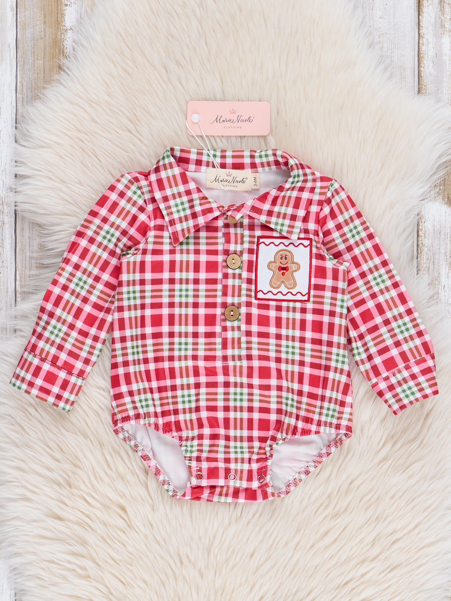 Red Gingerbread Plaid Button - Up Bubble Romper - Marie Nicole Clothing