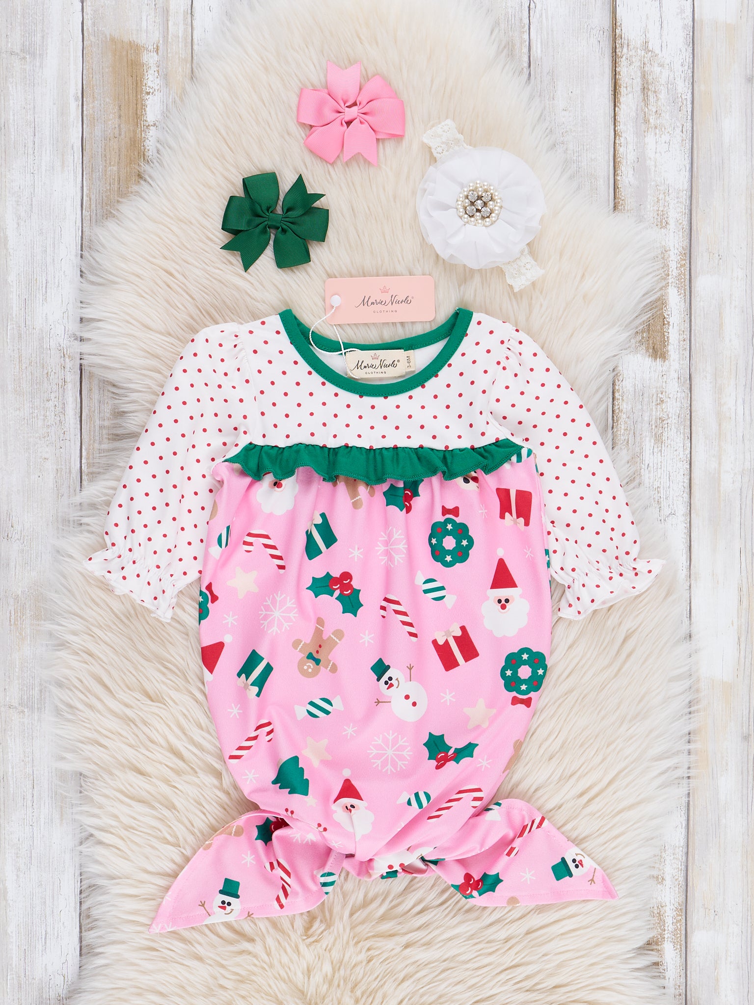 Pink & Green Holiday Magic Ruffle Knot Gown - Marie Nicole Clothing