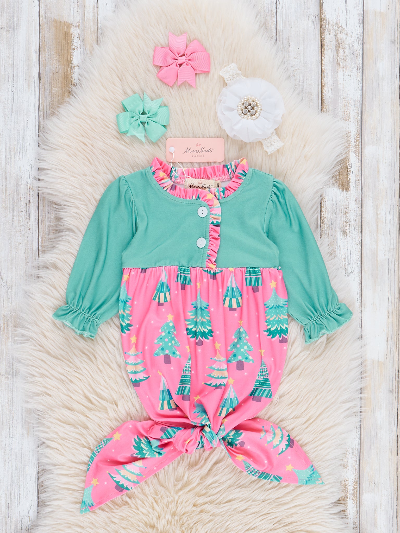 Pink & Green Oh Christmas Tree Ruffle Knot Gown - Marie Nicole Clothing