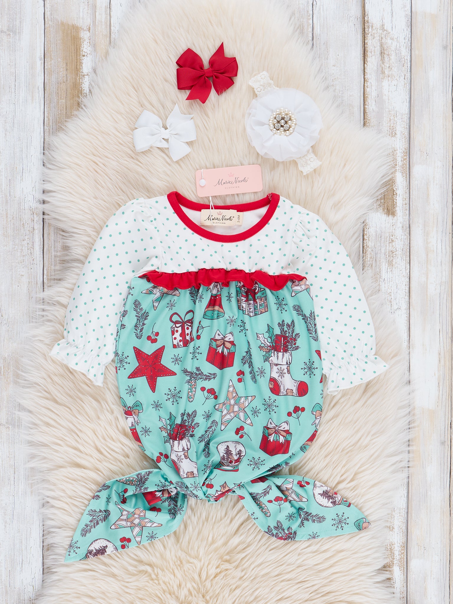 Teal & Red Holiday Joy Ruffle Knot Gown - Marie Nicole Clothing