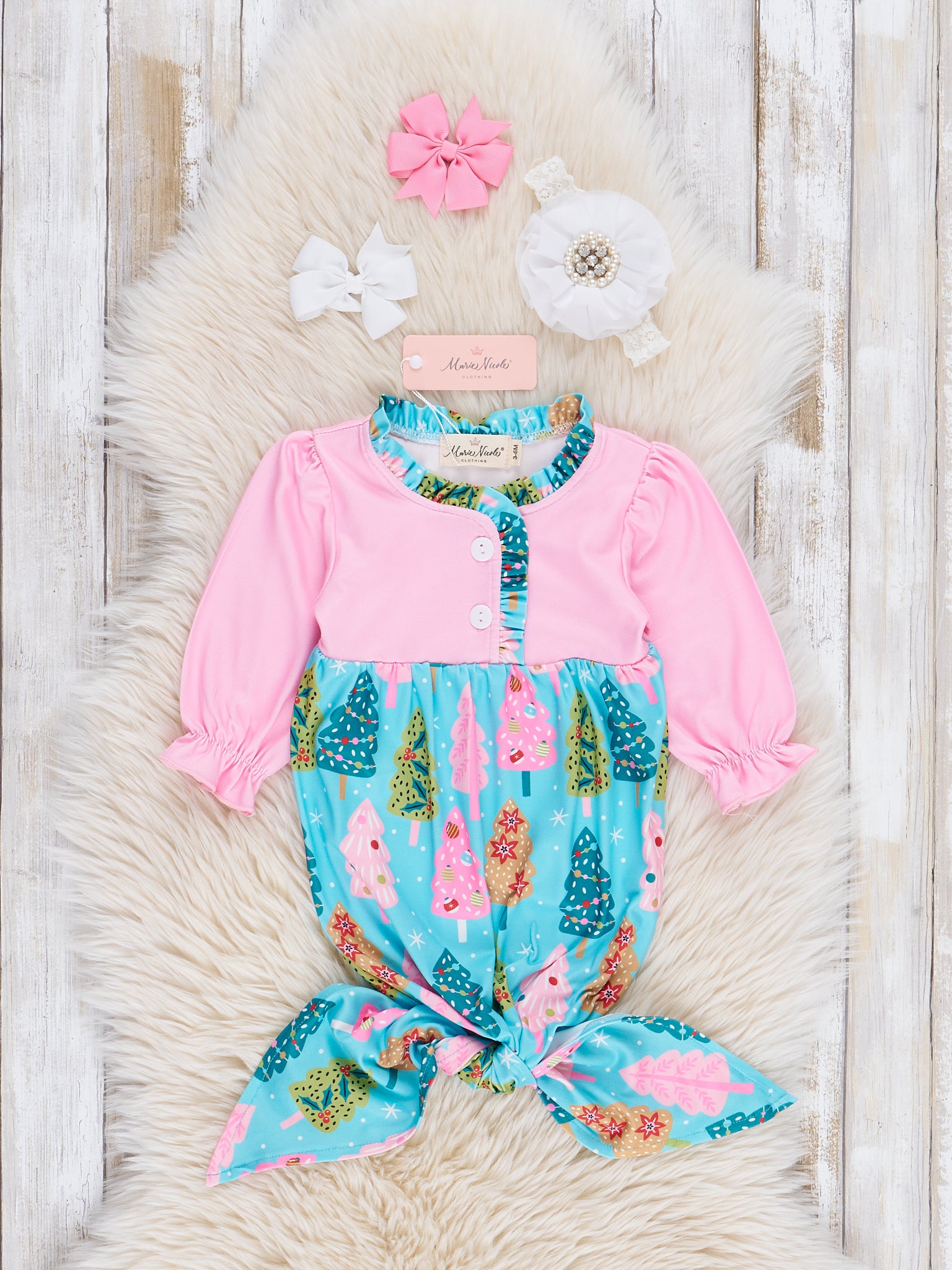 Pink & Green Christmas Tree Doodles Ruffle Knot Gown - Marie Nicole Clothing