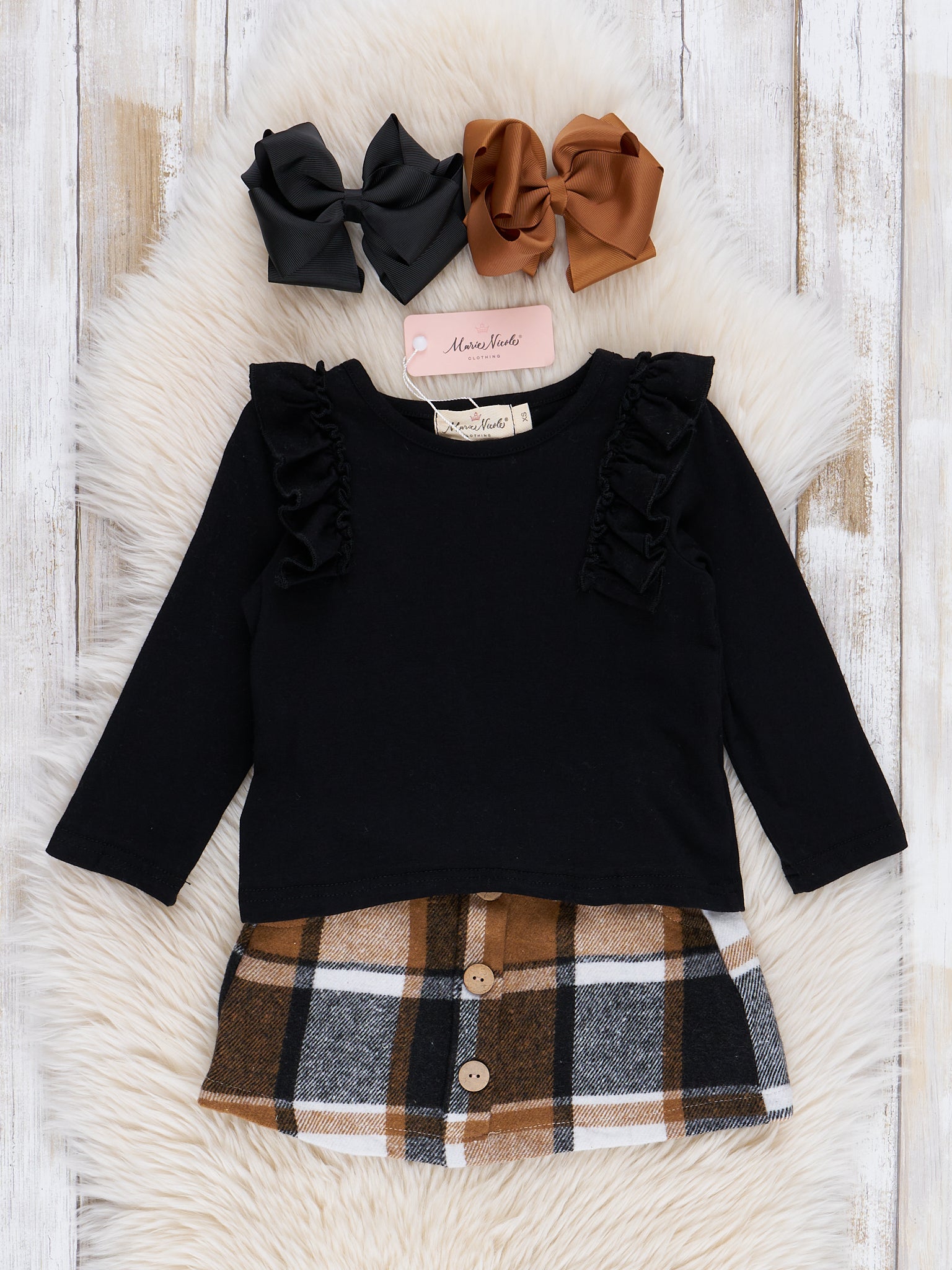 Ribbed Black & Tan Plaid Skirt Set - Marie Nicole Clothing