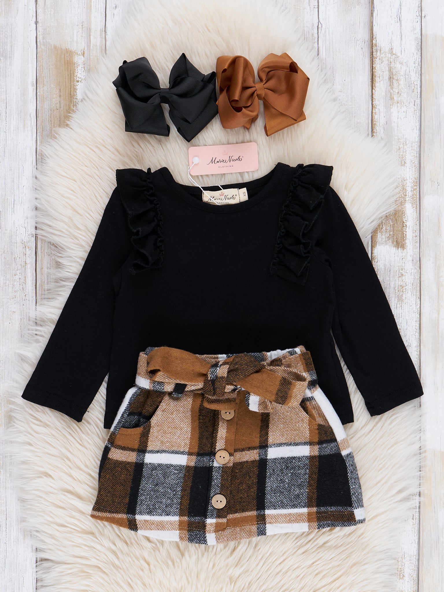 Ribbed Black & Tan Plaid Skirt Set - Marie Nicole Clothing