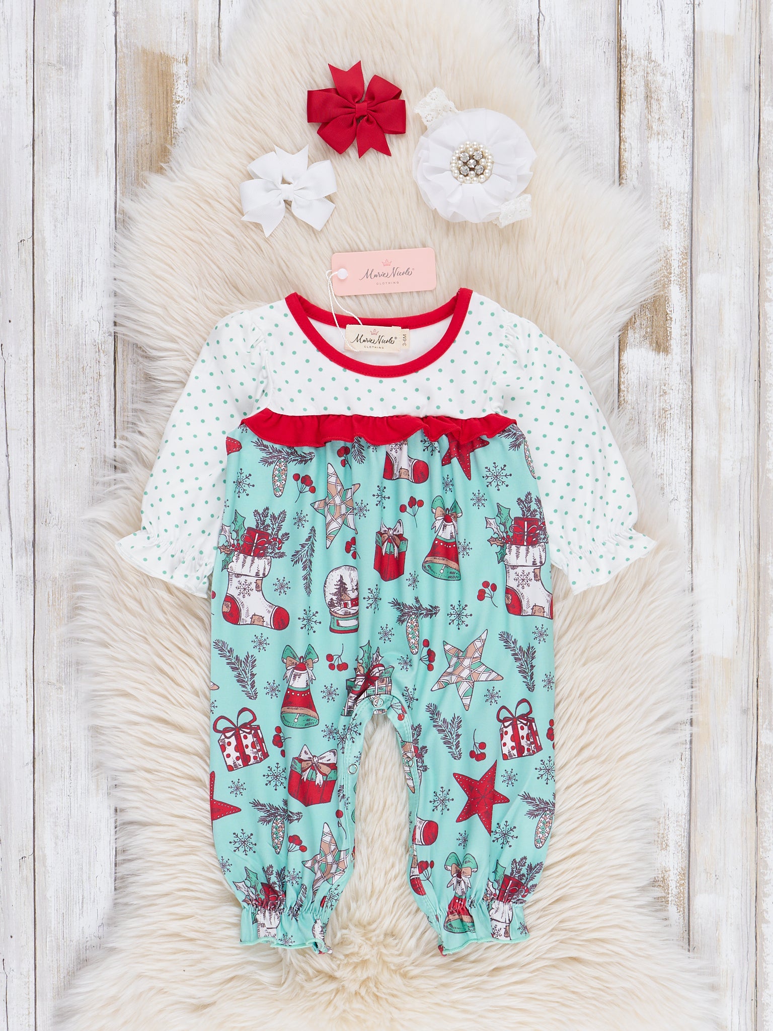 Teal & Red Holiday Joy Ruffle Romper - Marie Nicole Clothing