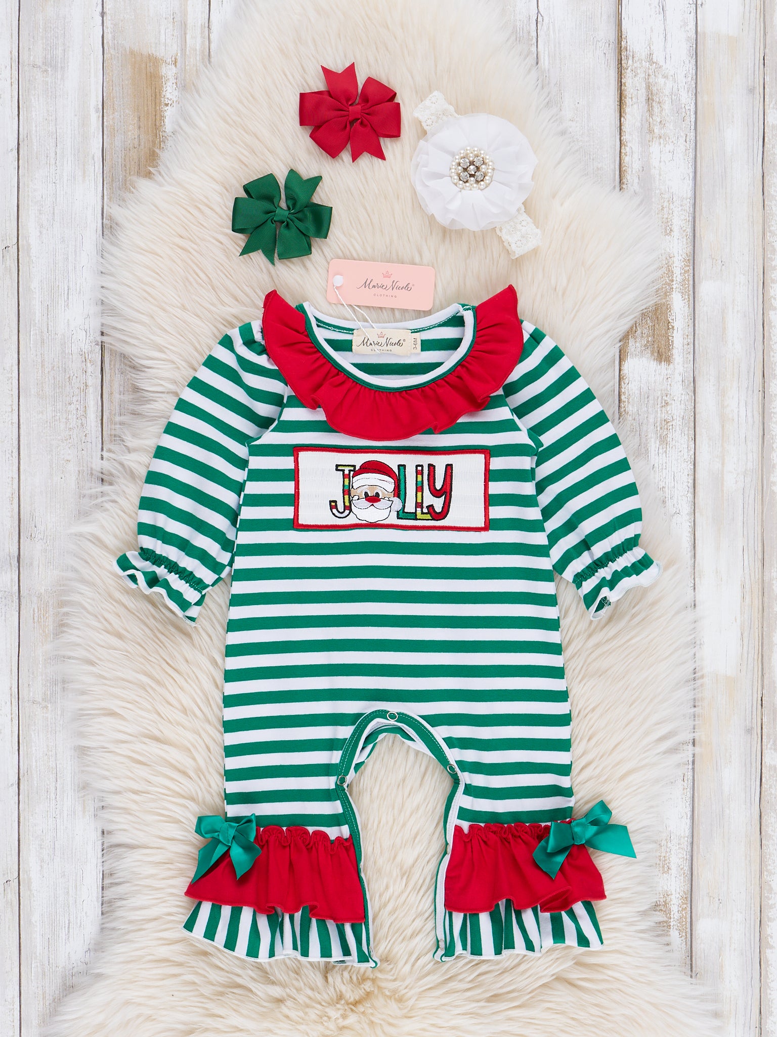Green Stripe Jolly Santa Ruffle Romper - Marie Nicole Clothing