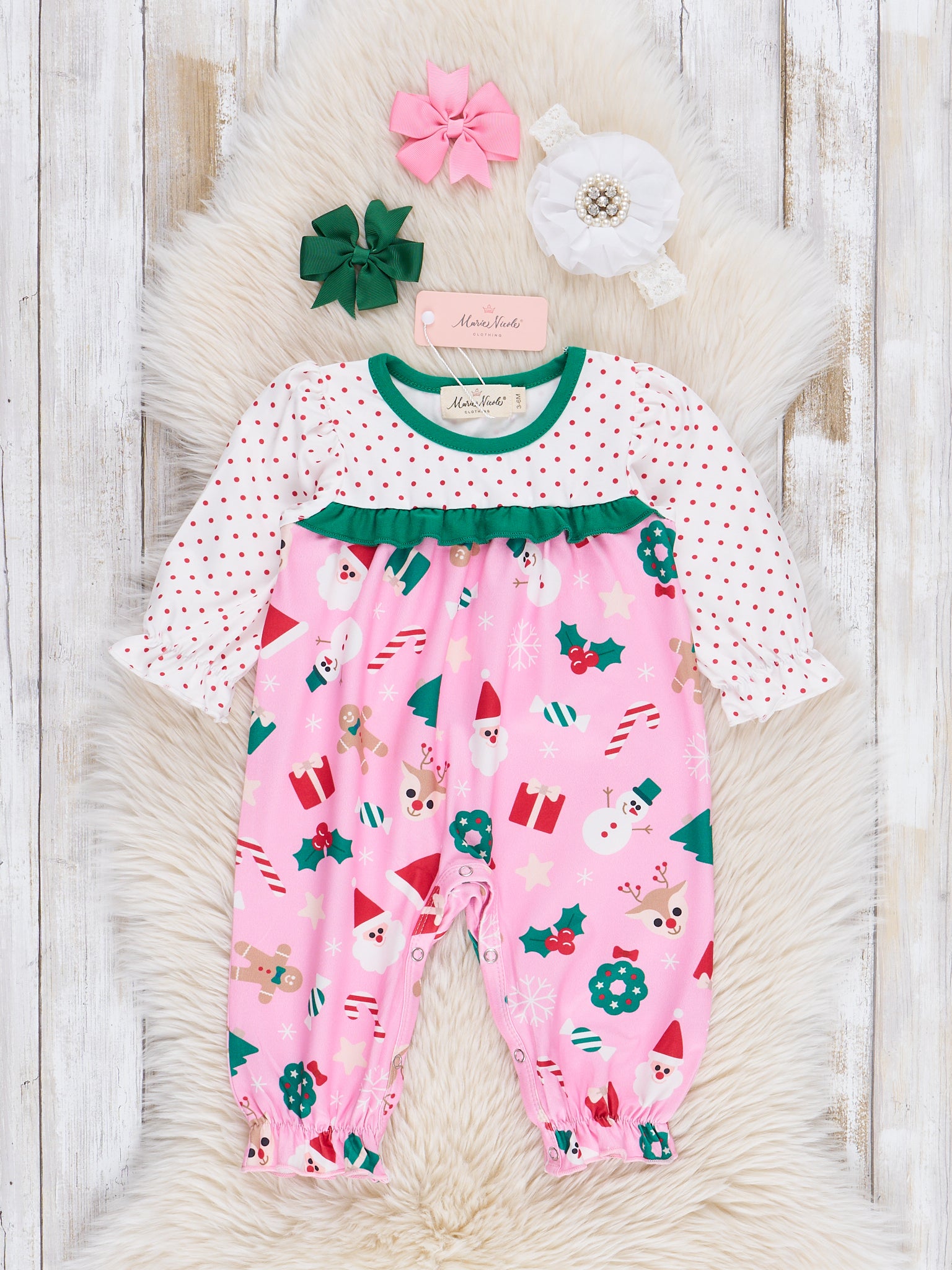Pink & Green Holiday Magic Ruffle Romper - Marie Nicole Clothing