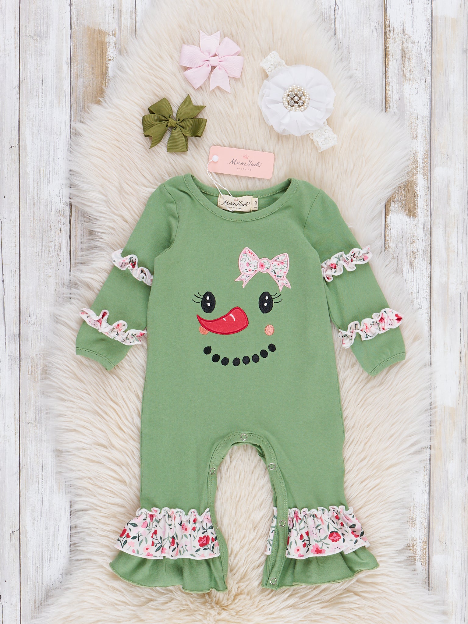 Green Floral Snowgirl Ruffle Romper - Marie Nicole Clothing