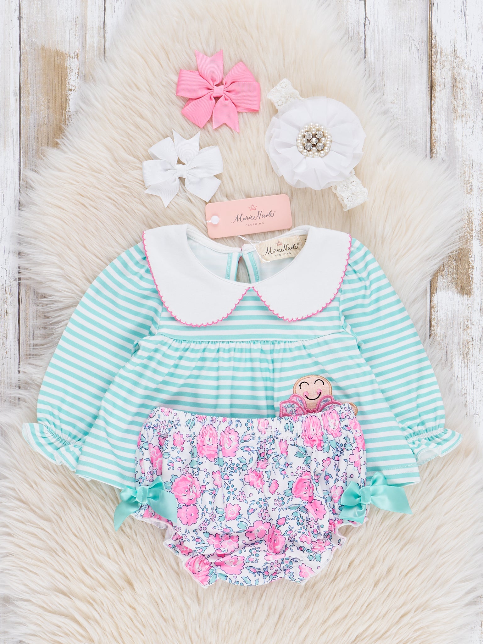 Mint Embroidered Gingerbread Striped Bloomers Outfit - Marie Nicole Clothing