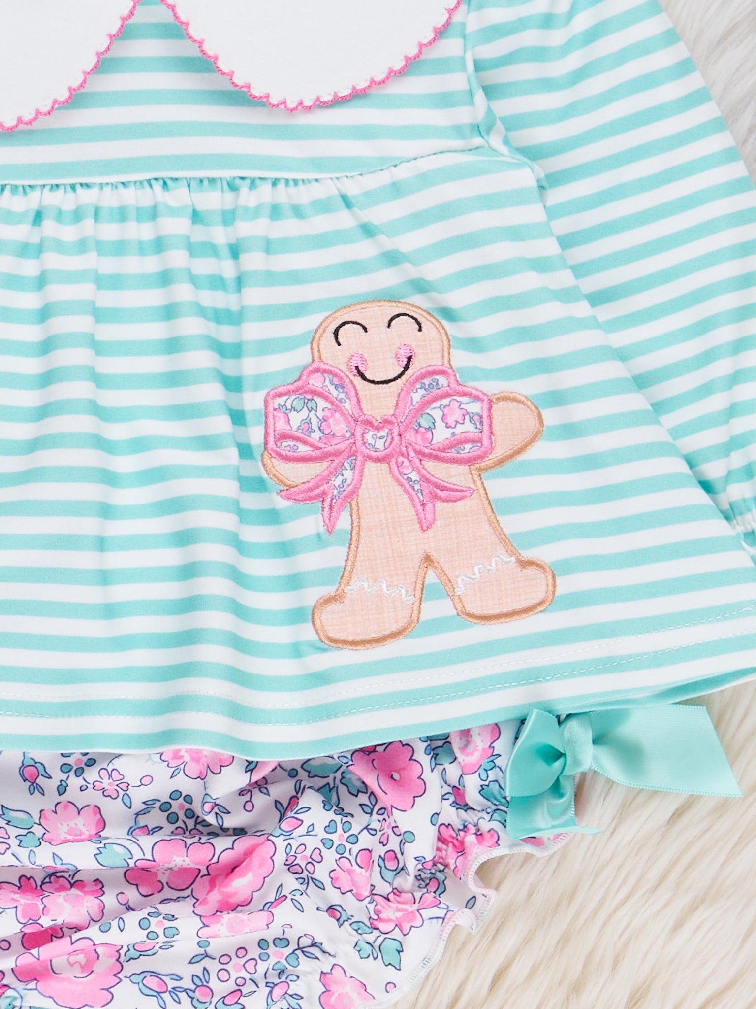 Mint Embroidered Gingerbread Striped Bloomers Outfit - Marie Nicole Clothing