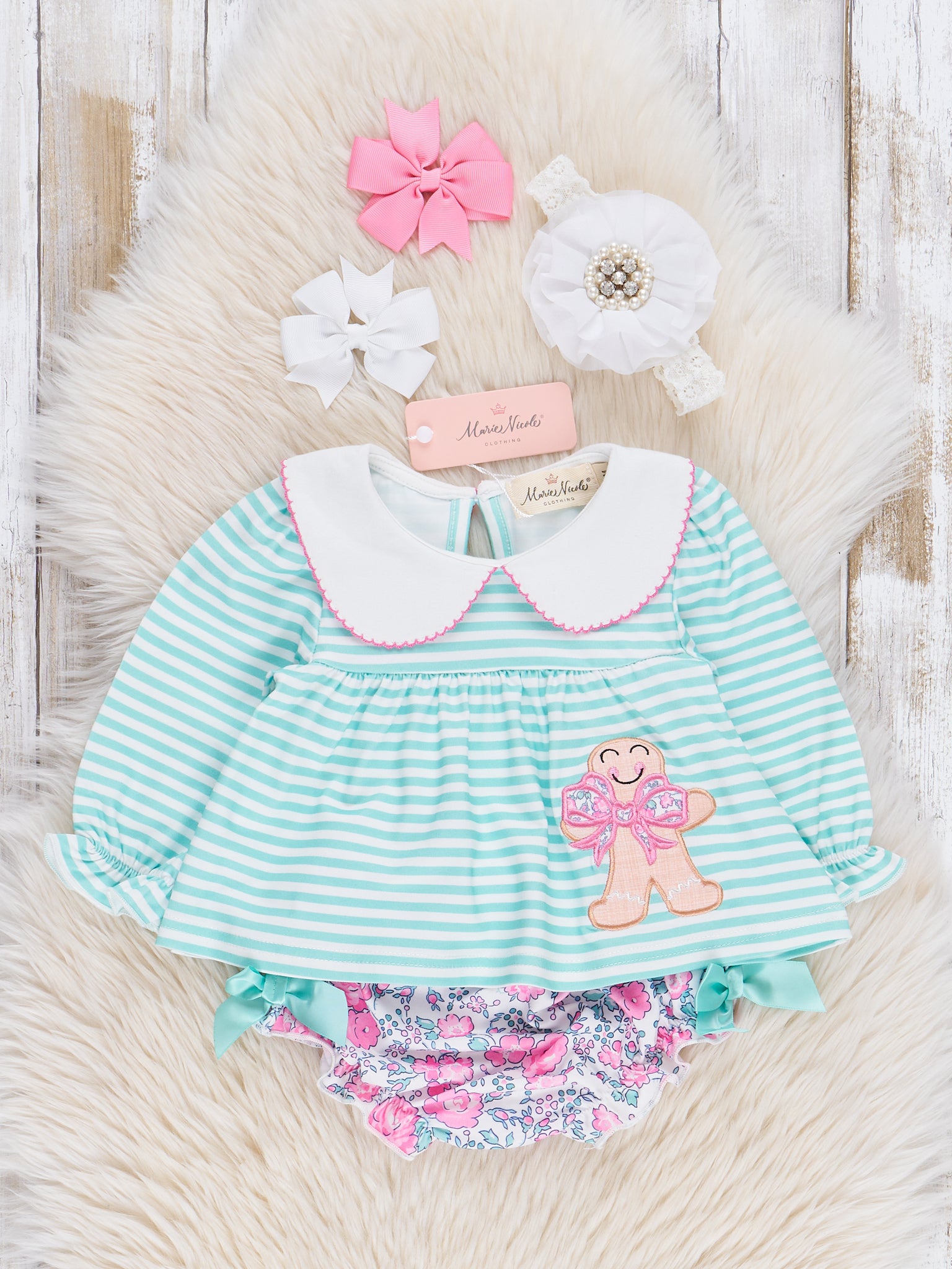 Mint Embroidered Gingerbread Striped Bloomers Outfit - Marie Nicole Clothing