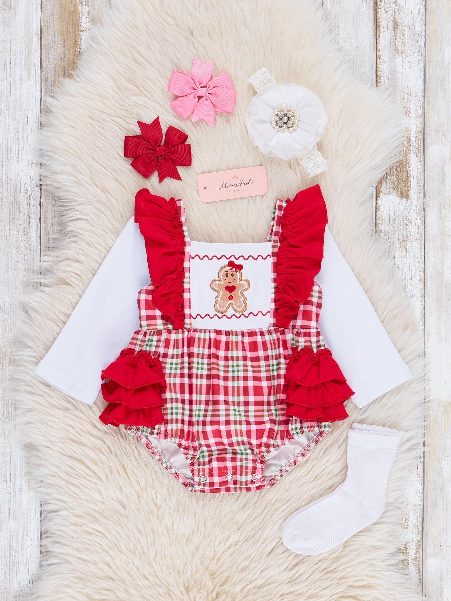 Red Gingerbread Plaid Ruffle Bubble Romper - Marie Nicole Clothing