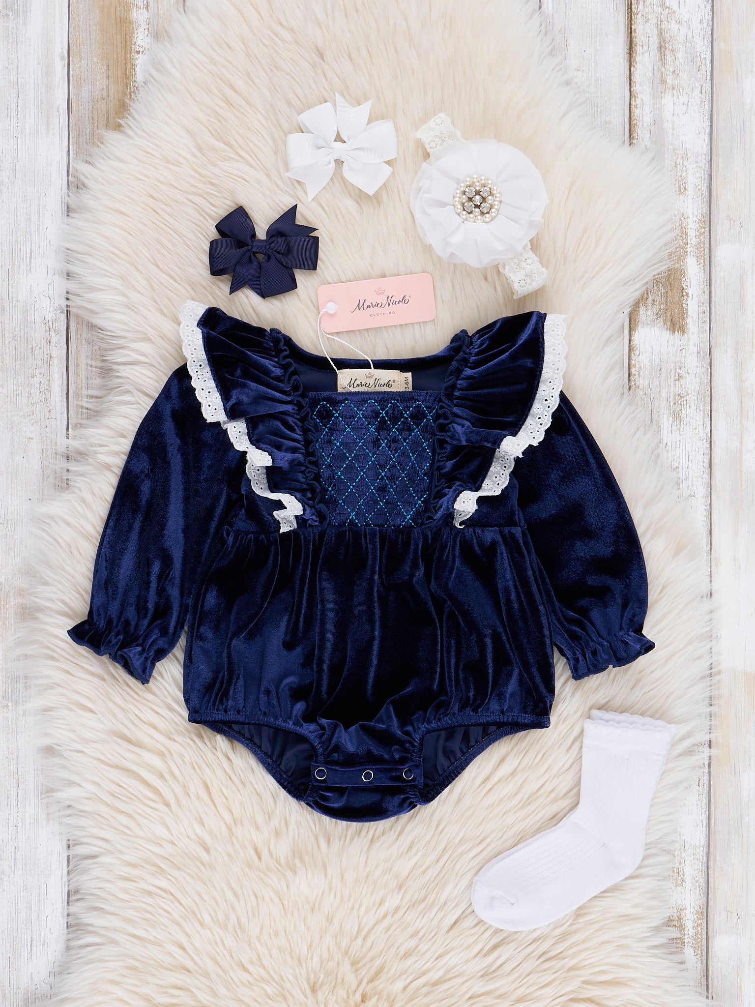 Sapphire Velvet Ruffle Bubble Romper - Marie Nicole Clothing