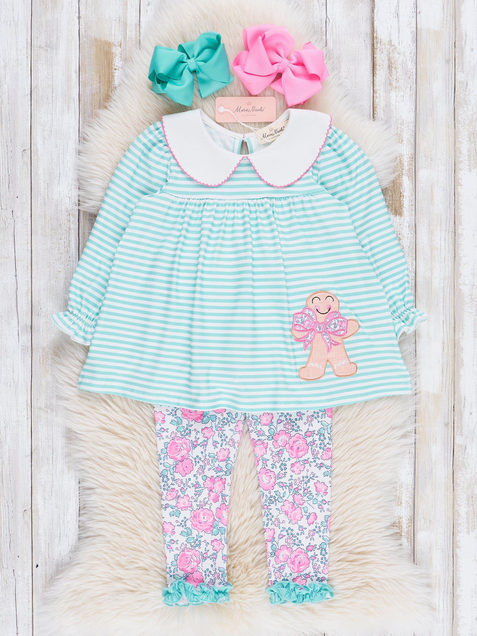 Mint Embroidered Gingerbread Striped Outfit - Marie Nicole Clothing