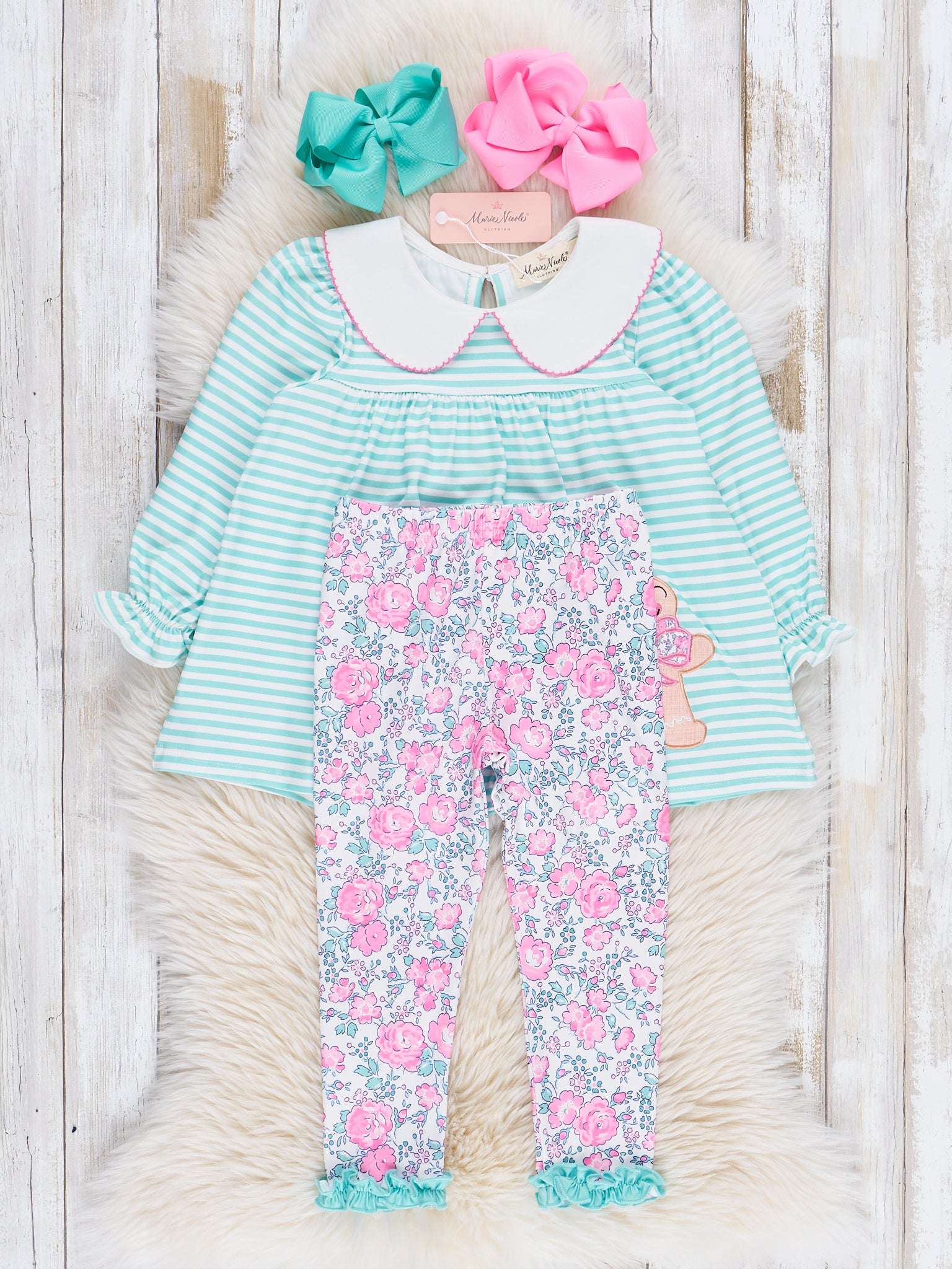 Mint Embroidered Gingerbread Striped Outfit - Marie Nicole Clothing