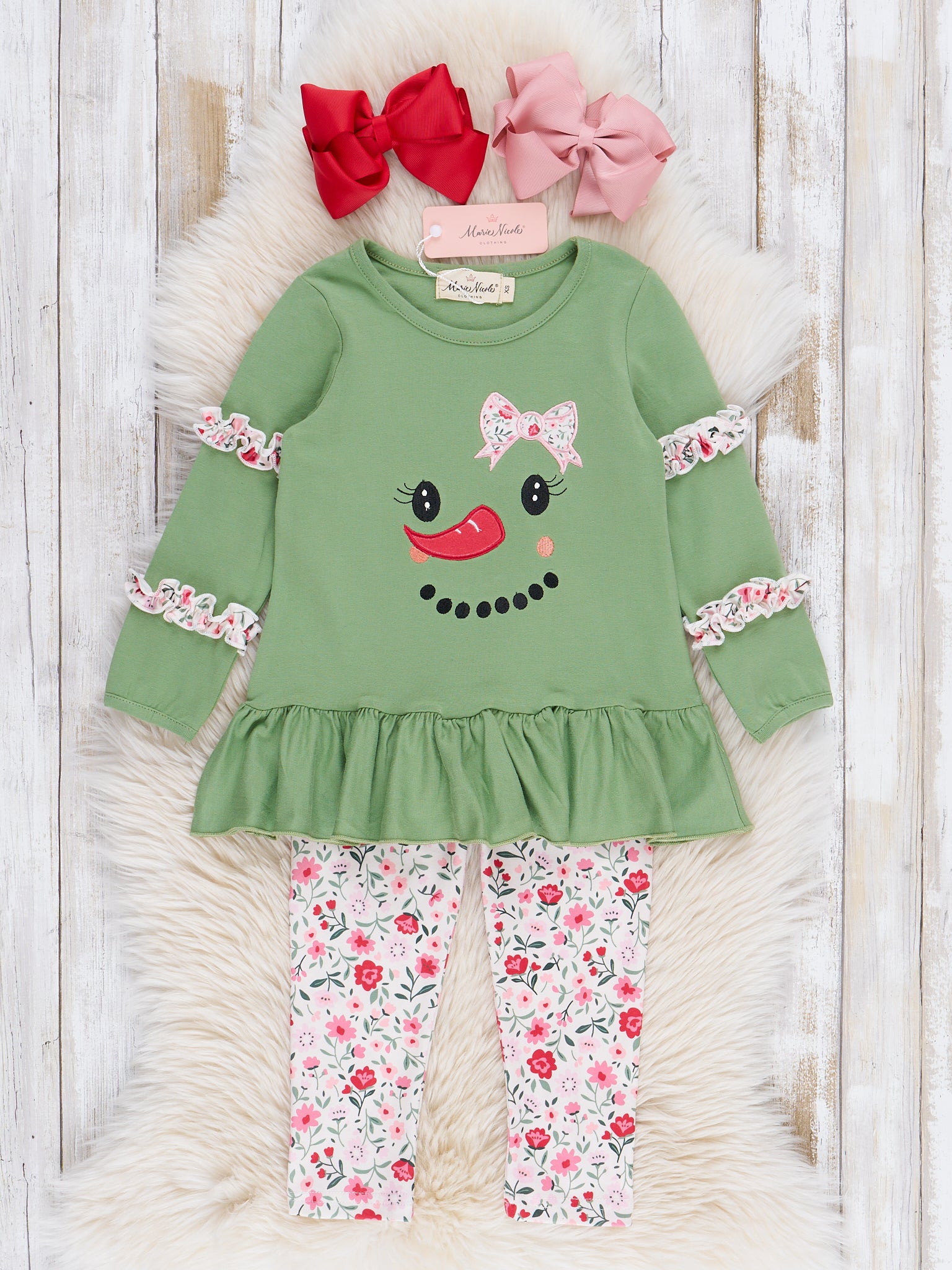 Green Floral Snowgirl Ruffle Outfit - Marie Nicole Clothing