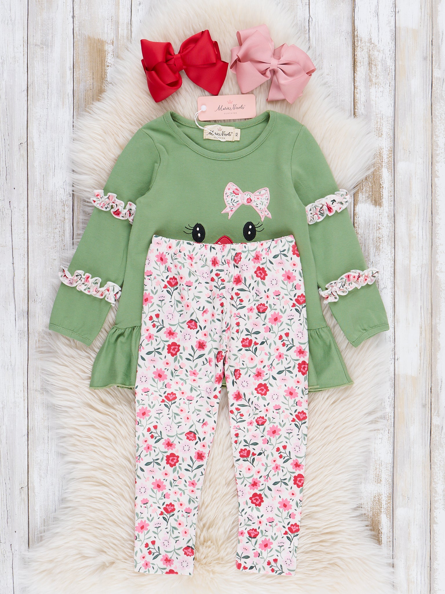 Green Floral Snowgirl Ruffle Outfit - Marie Nicole Clothing