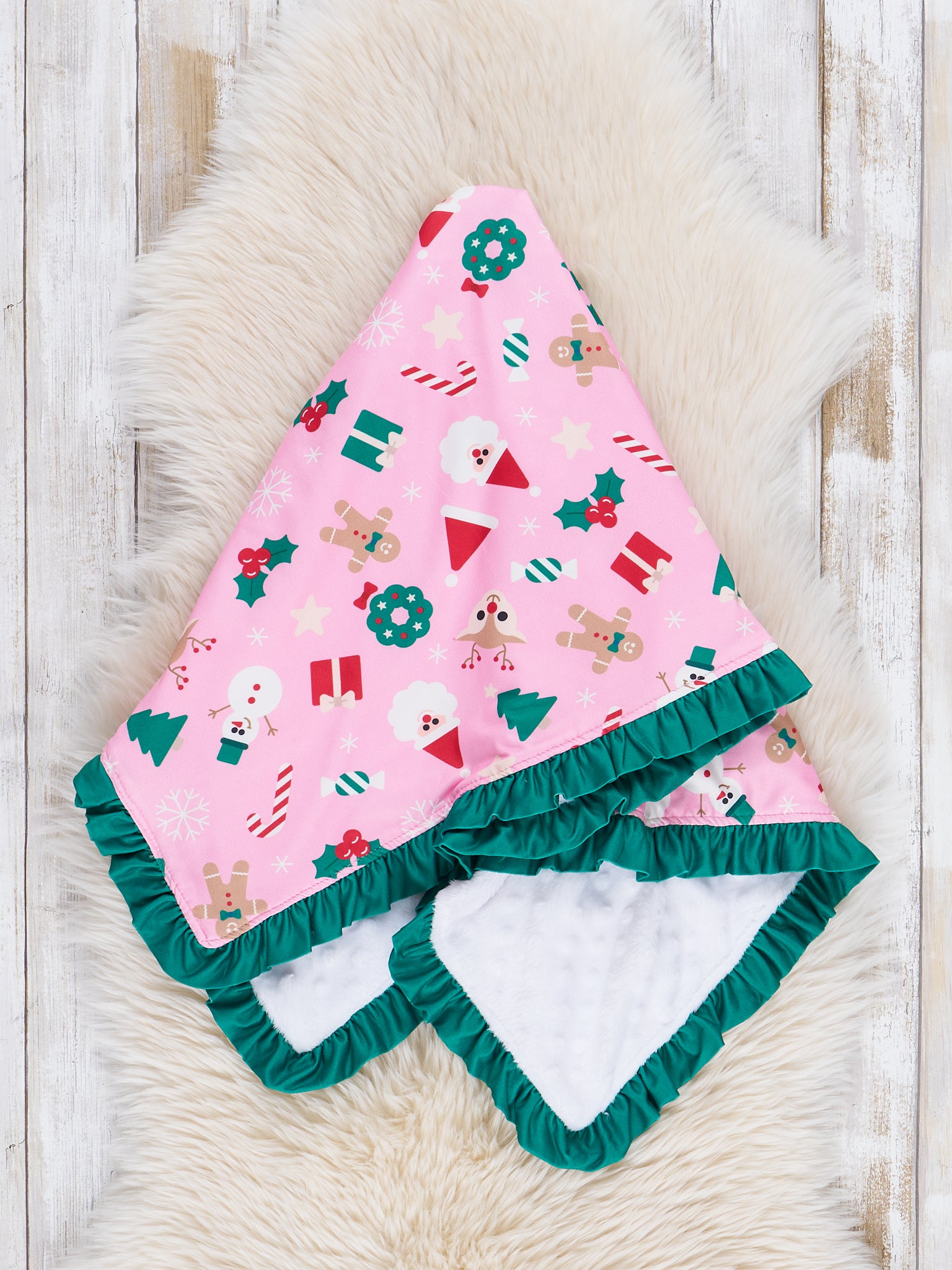 Pink & Green Holiday Magic Ruffle Minky Blanket - Marie Nicole Clothing