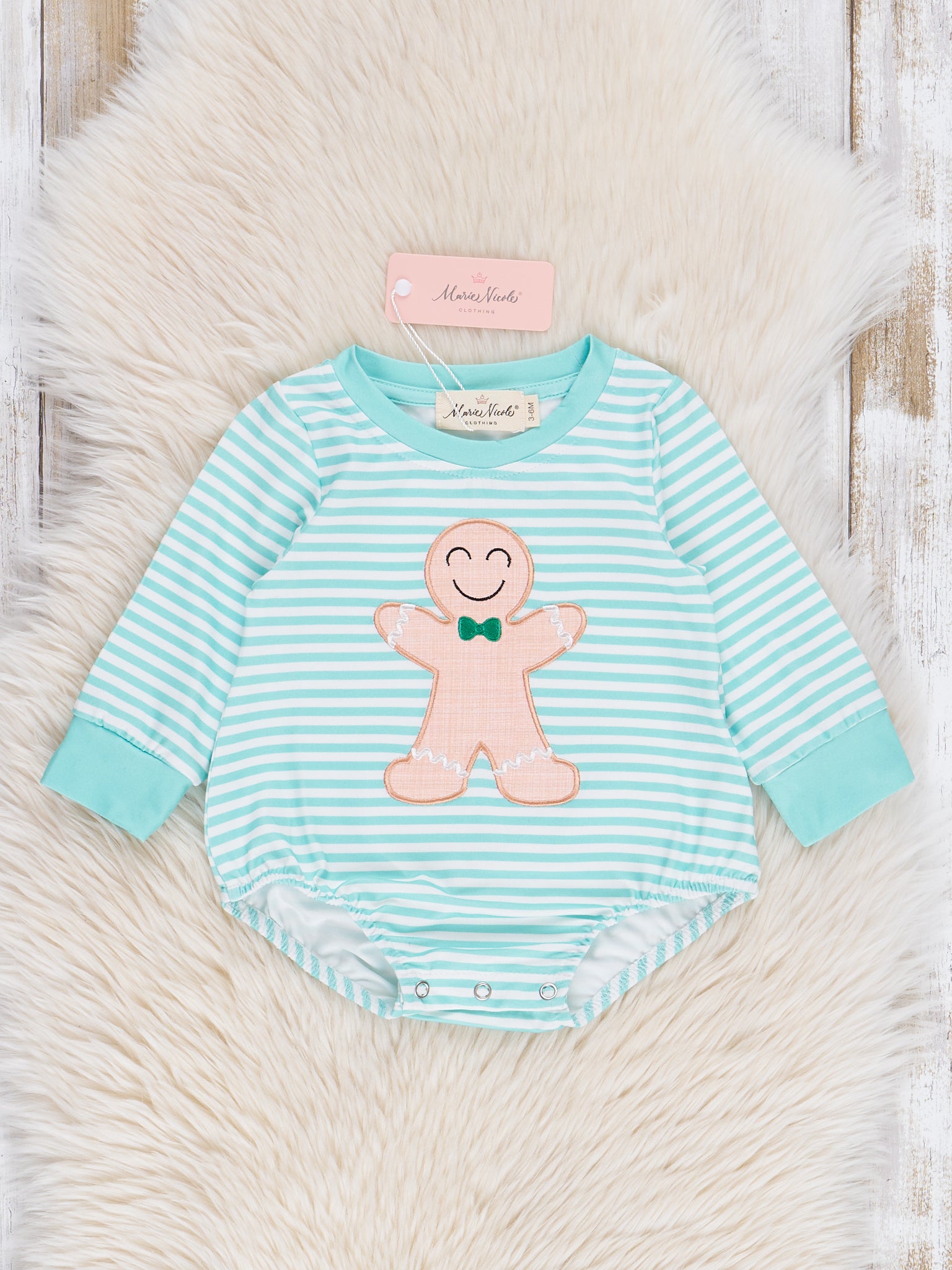 Mint Embroidered Gingerbread Striped Bubble Romper - Marie Nicole Clothing