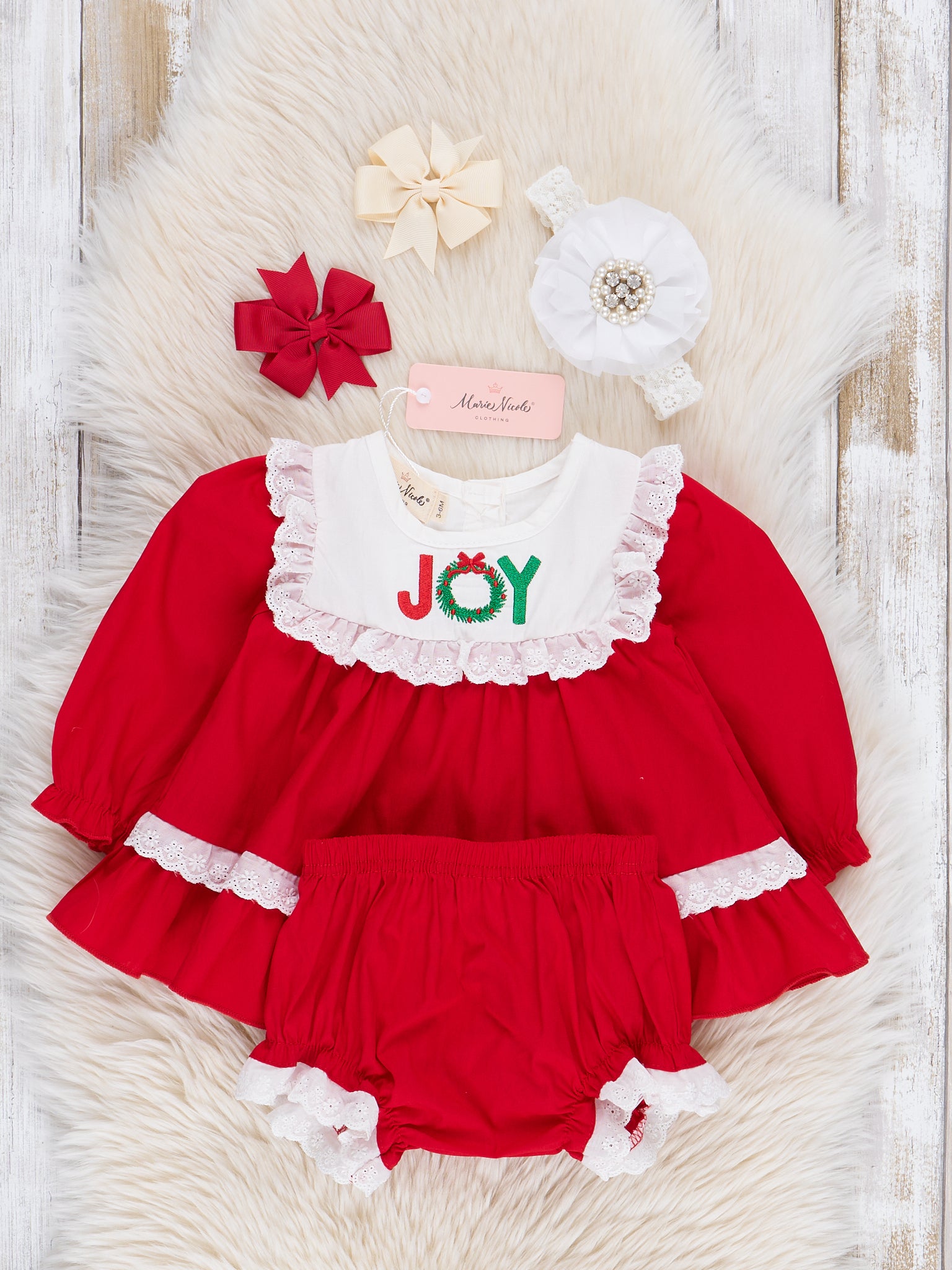 Red Embroidered "Joy" Bloomers Outfit - Marie Nicole Clothing