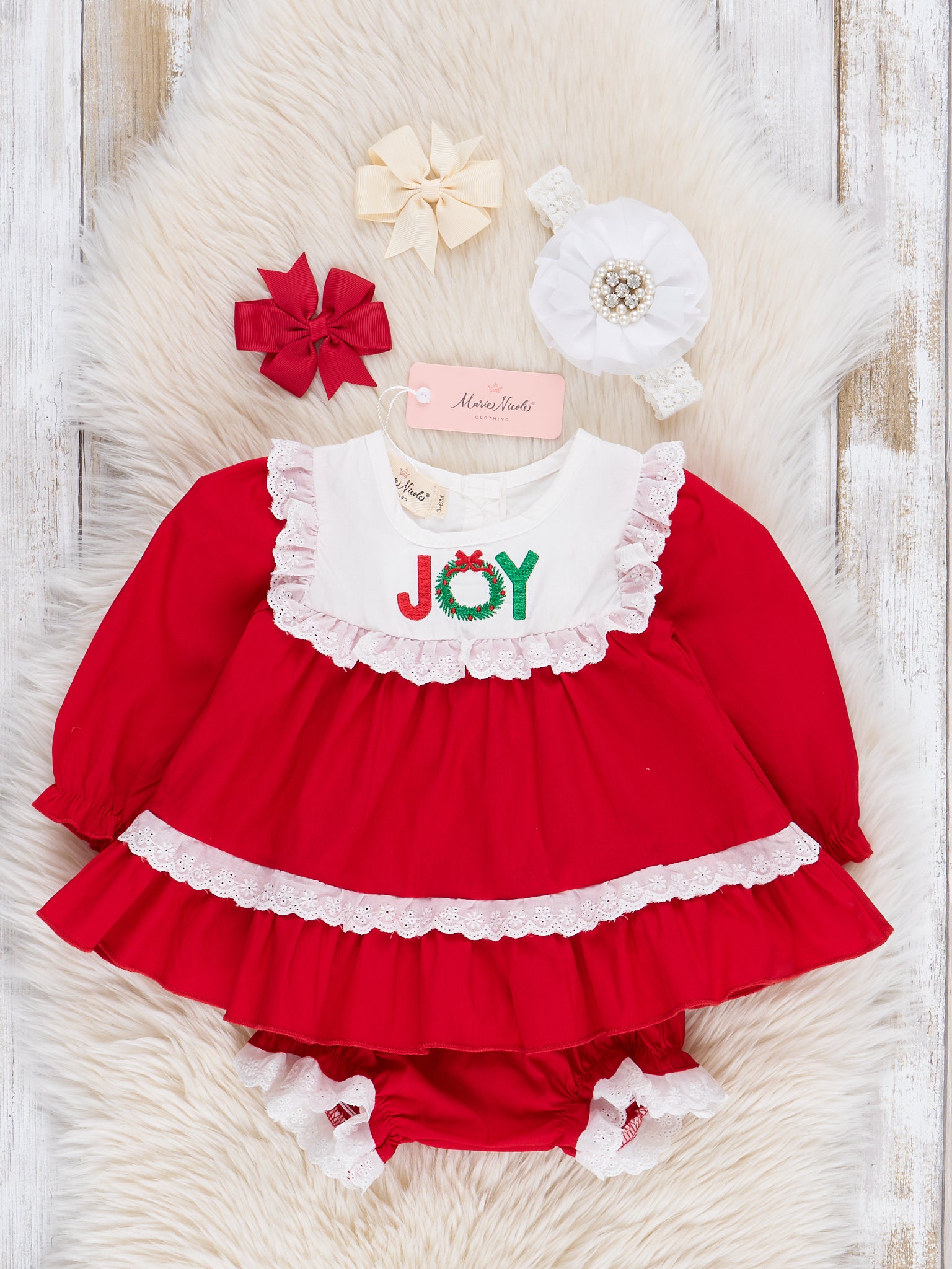 Red Embroidered "Joy" Bloomers Outfit - Marie Nicole Clothing