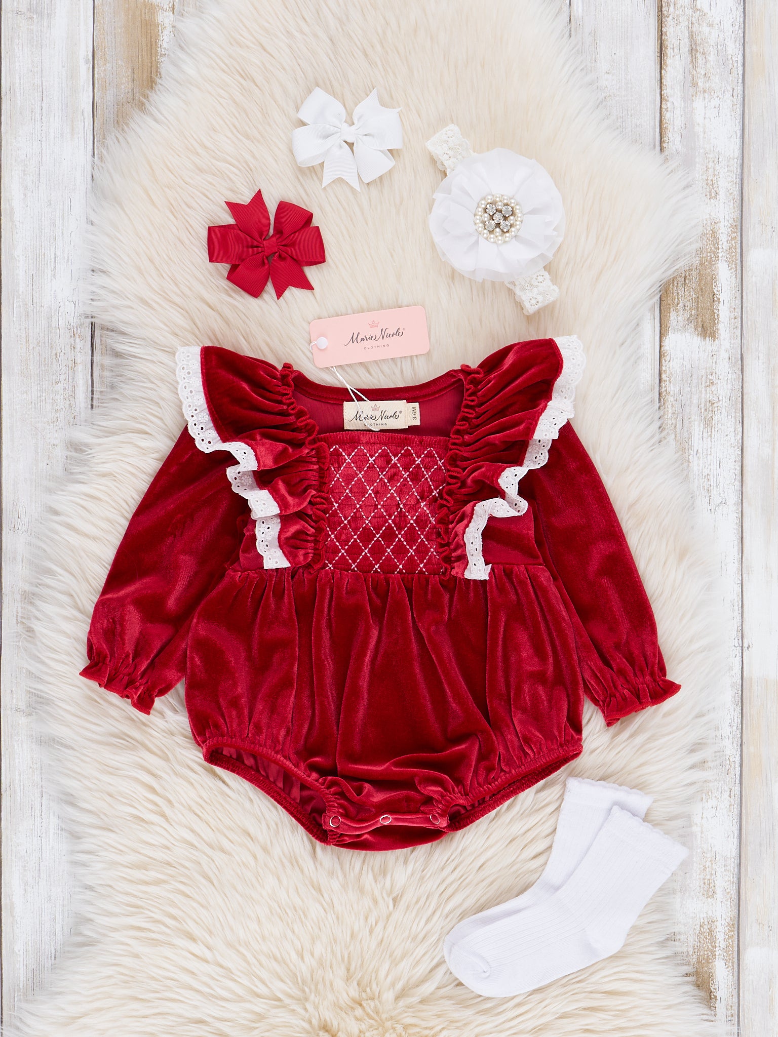 Ruby Velvet Ruffle Bubble Romper - Marie Nicole Clothing