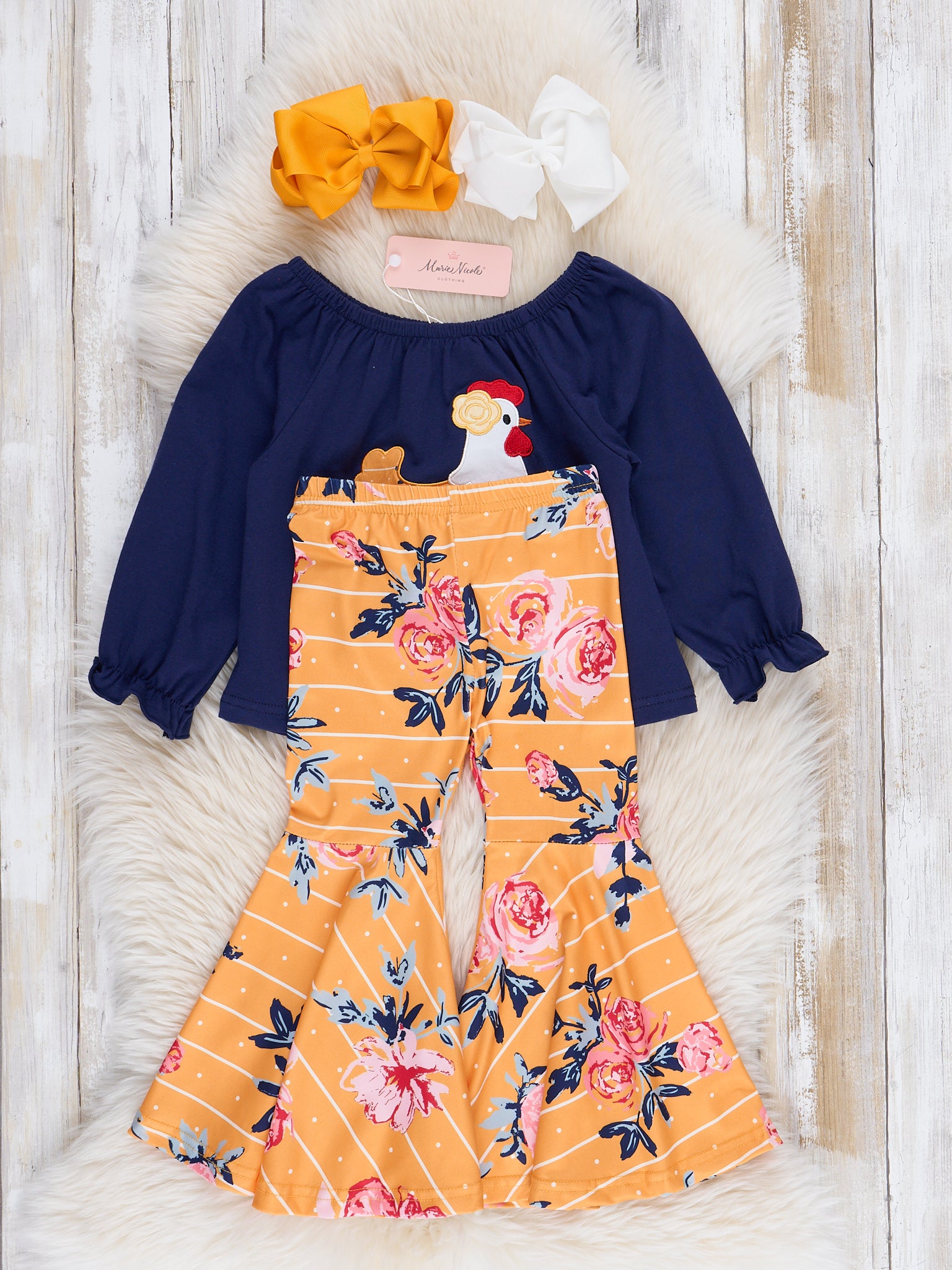 Navy & Orange Floral Chicken Bell Bottoms Outfit - Marie Nicole Clothing