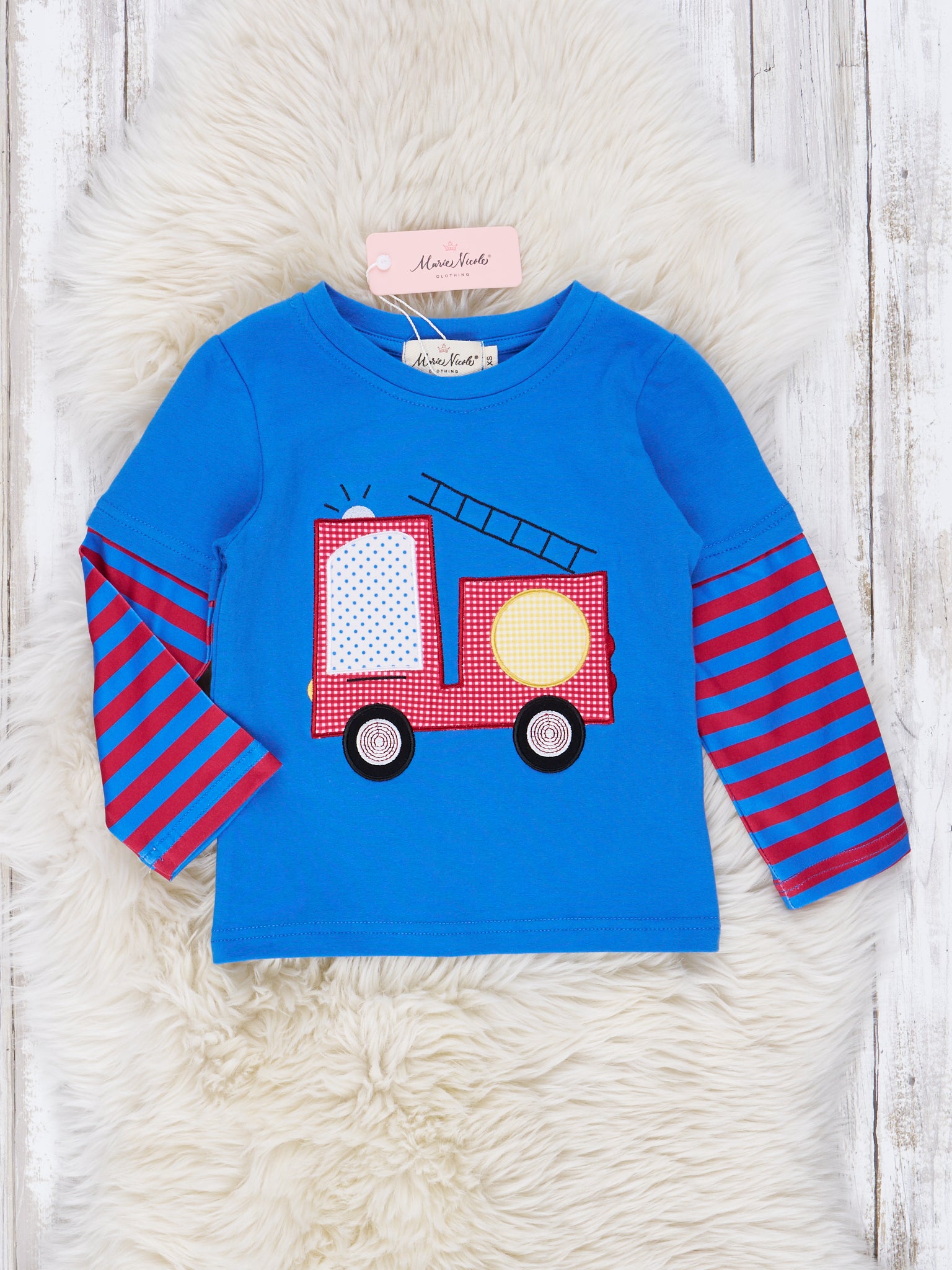 Red & Blue Stripe Firetruck Shirt - Marie Nicole Clothing